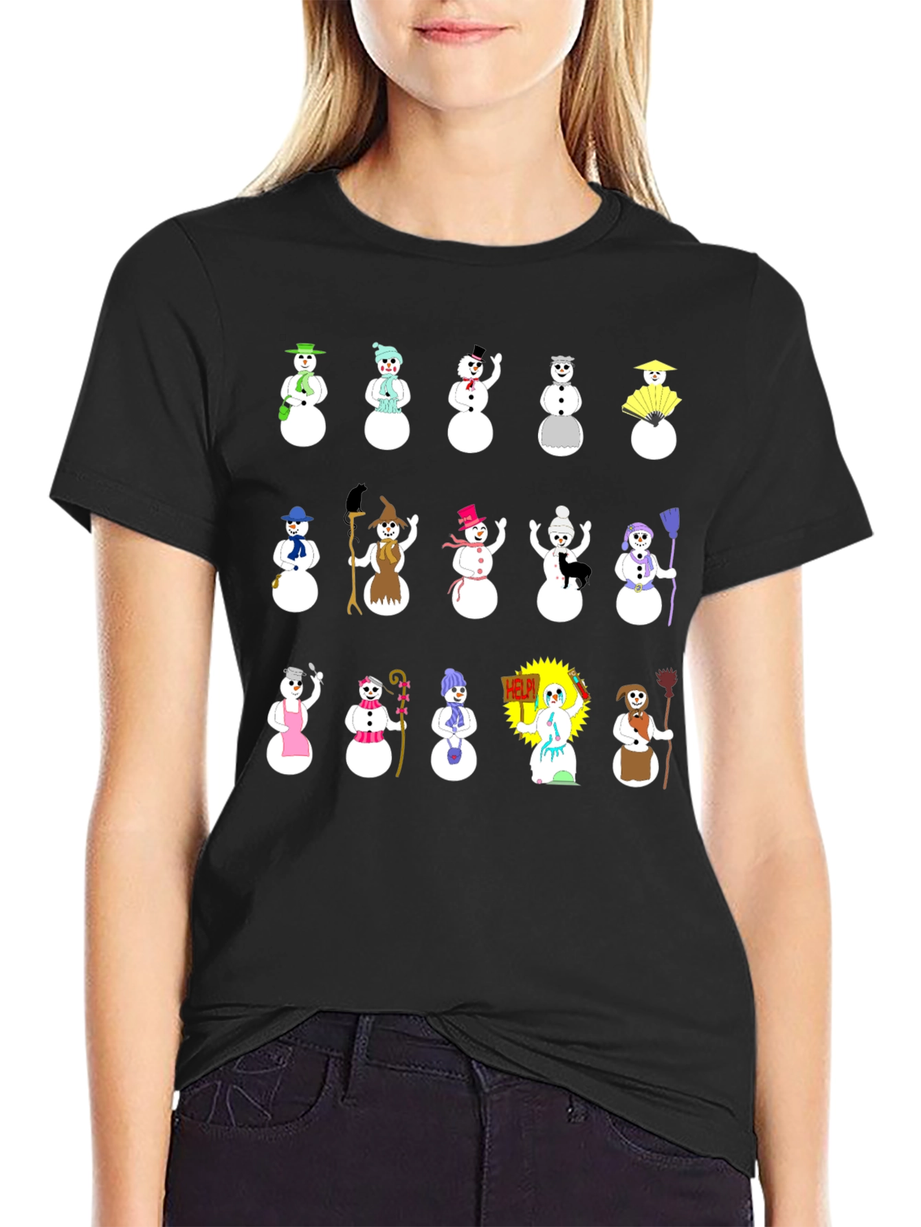 Festive Snowman Pattern Black T-Shirt