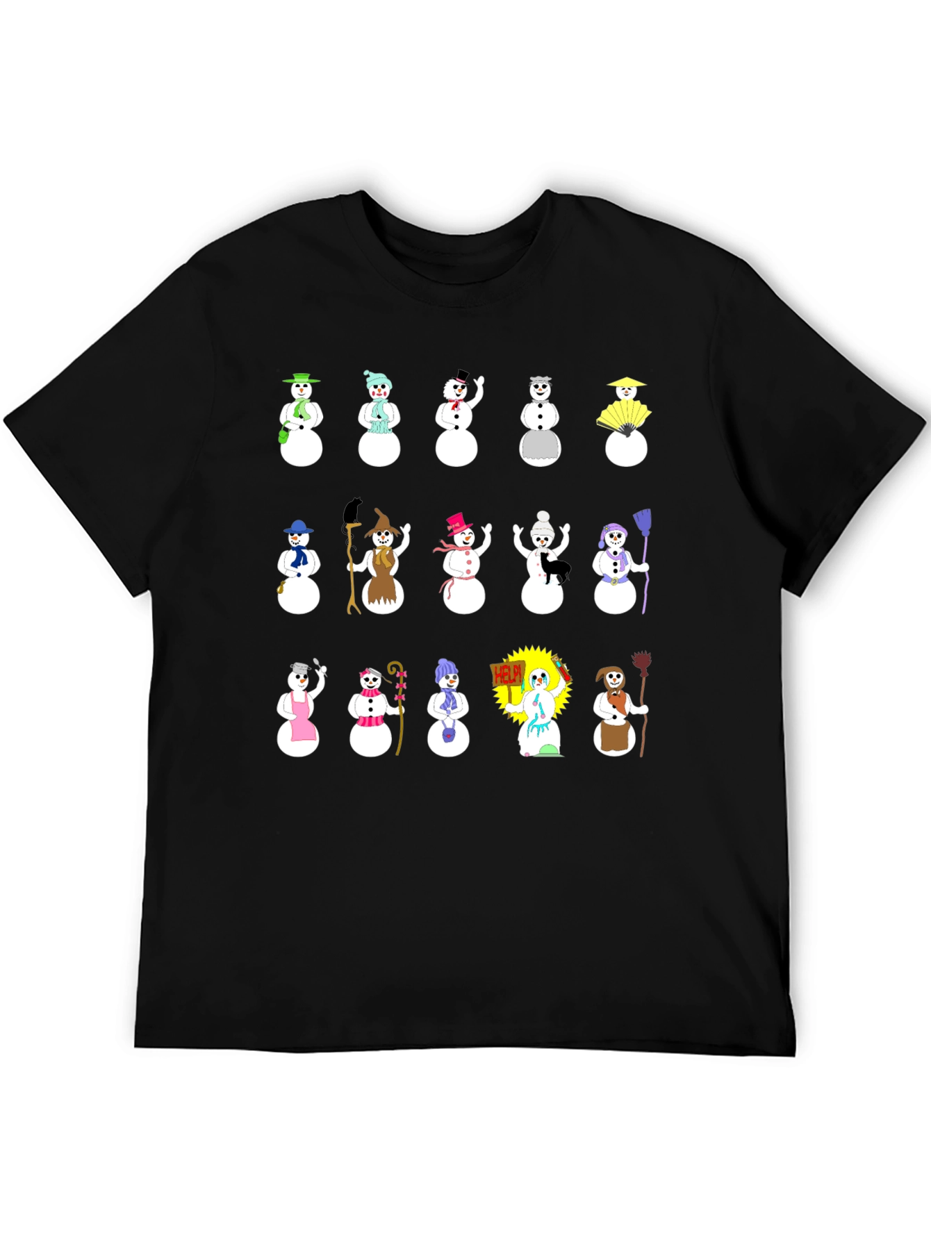 Festive Snowman Pattern Black T-Shirt