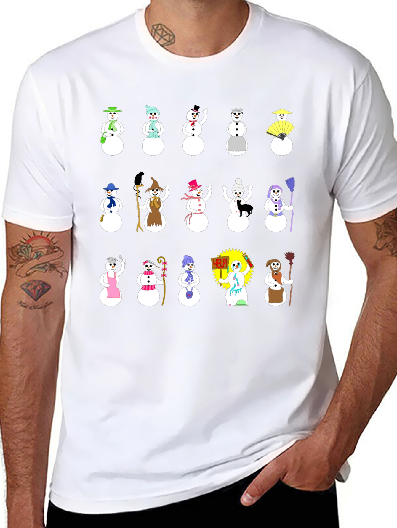 Festive Snowman Pattern Black T-Shirt