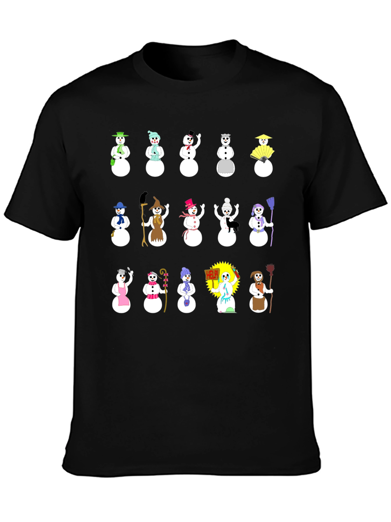 Festive Snowman Pattern Black T-Shirt
