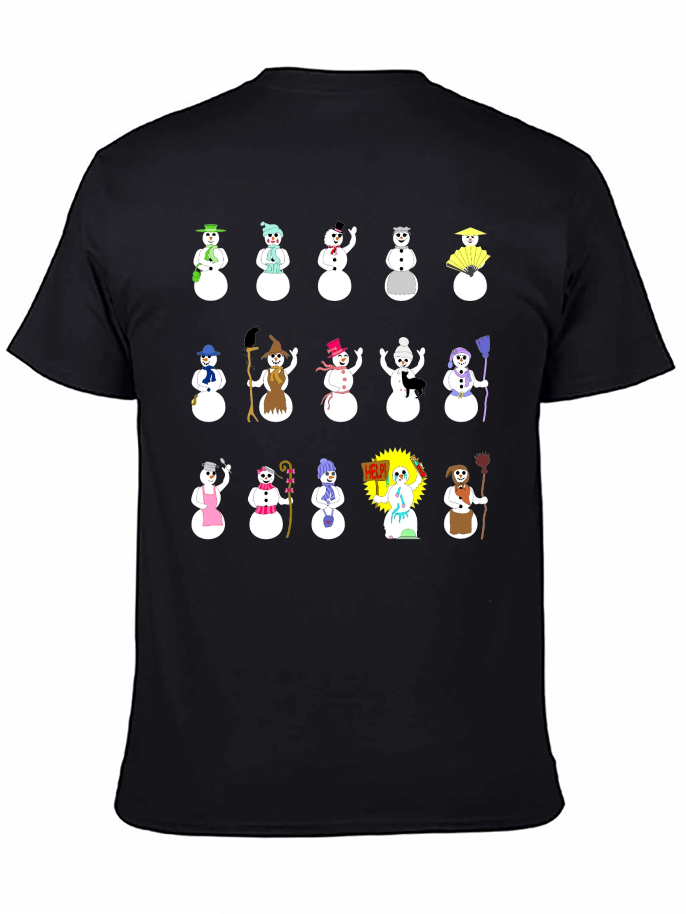 Festive Snowman Pattern Black T-Shirt