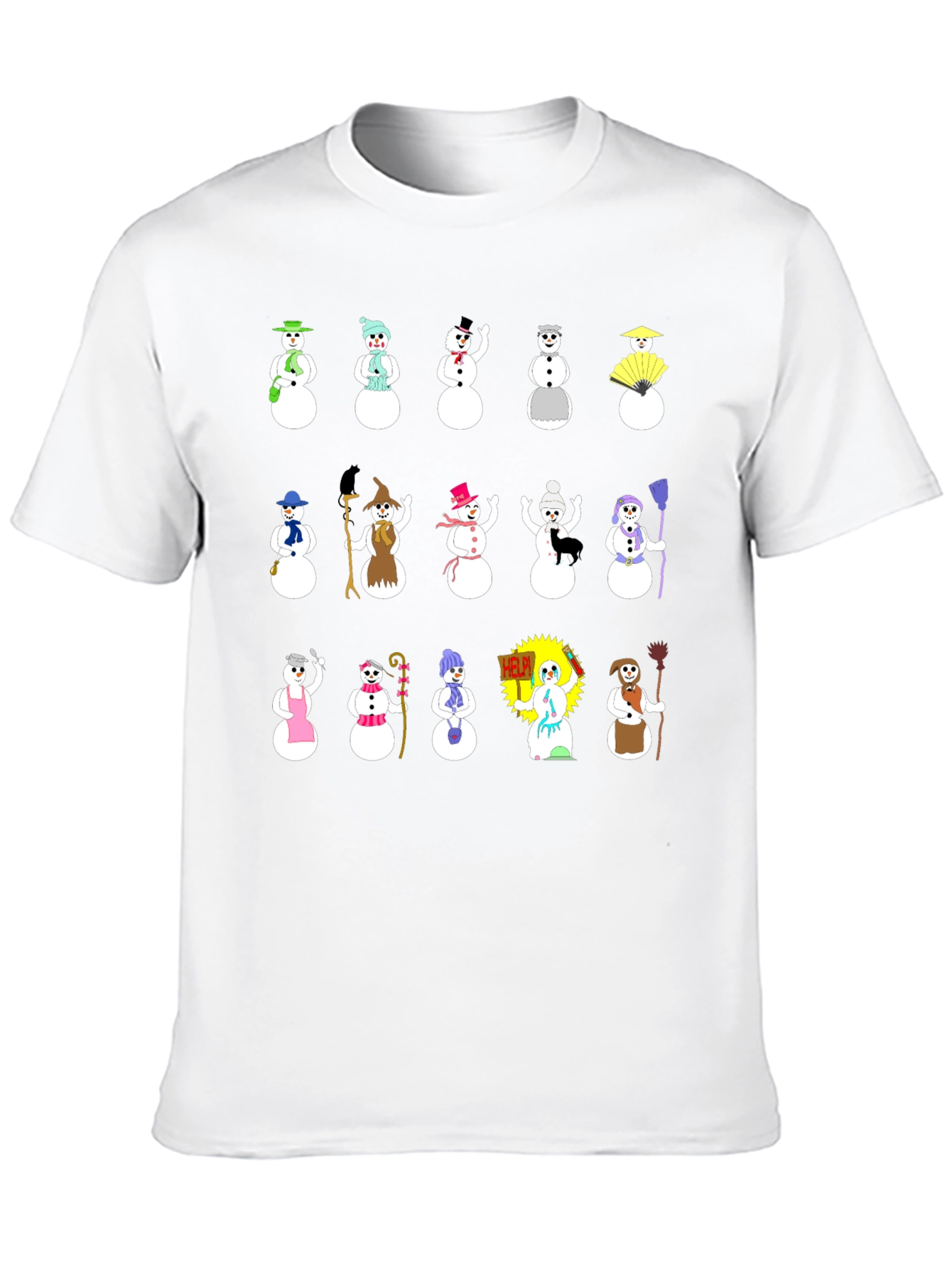 Festive Snowman Pattern Black T-Shirt