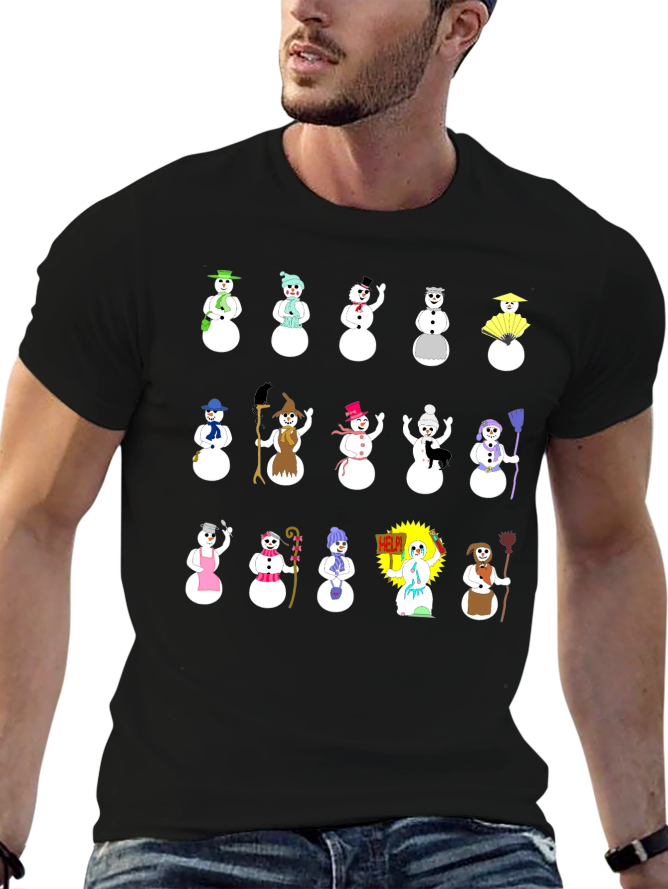 Festive Snowman Pattern Black T-Shirt