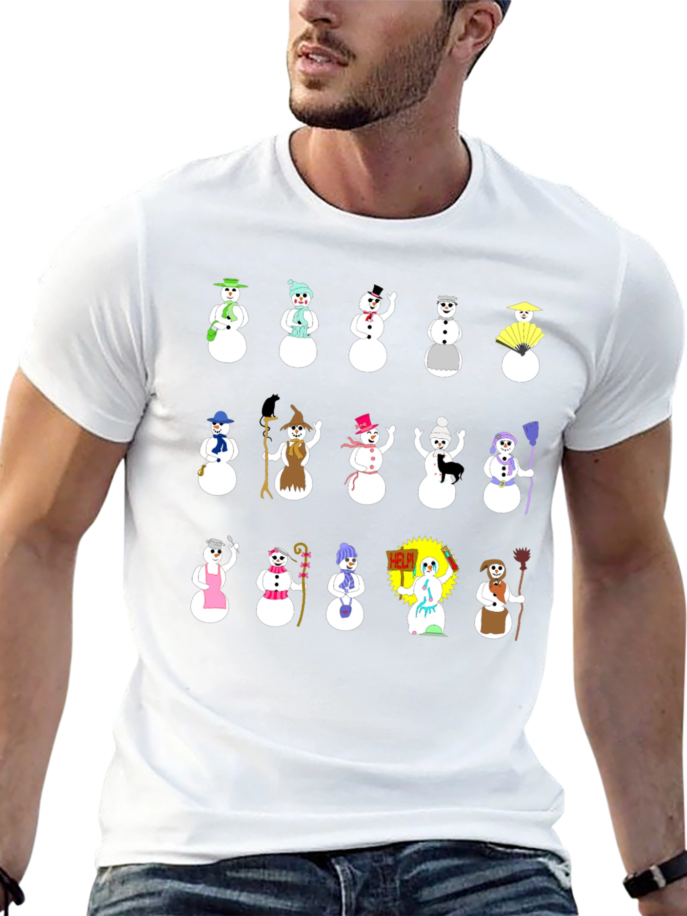 Festive Snowman Pattern Black T-Shirt