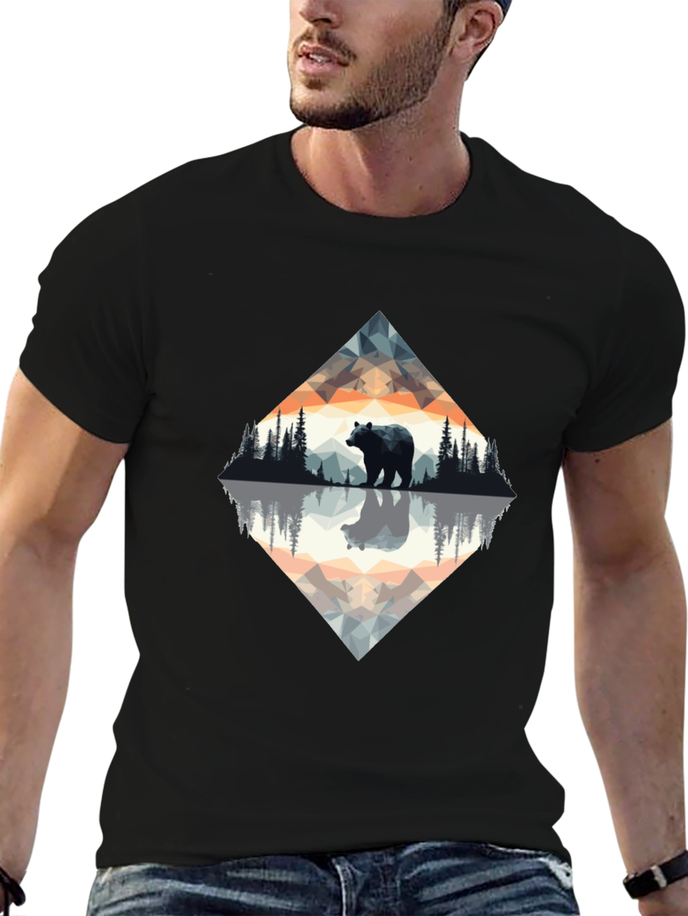 Geometric Bear Graphic Tee - Nature Inspired Design