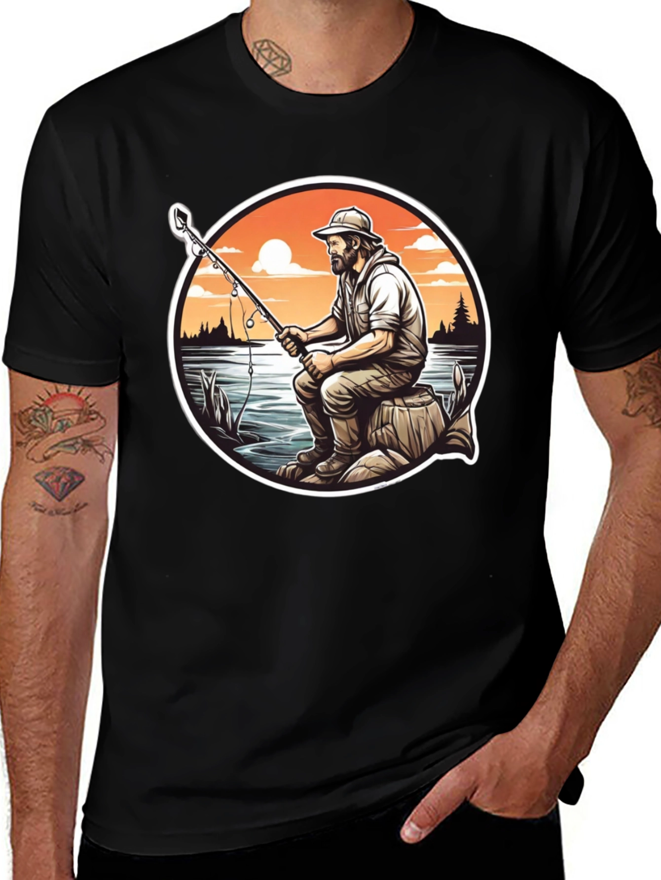 Fisherman Graphic Tee - Black Cotton T-Shirt