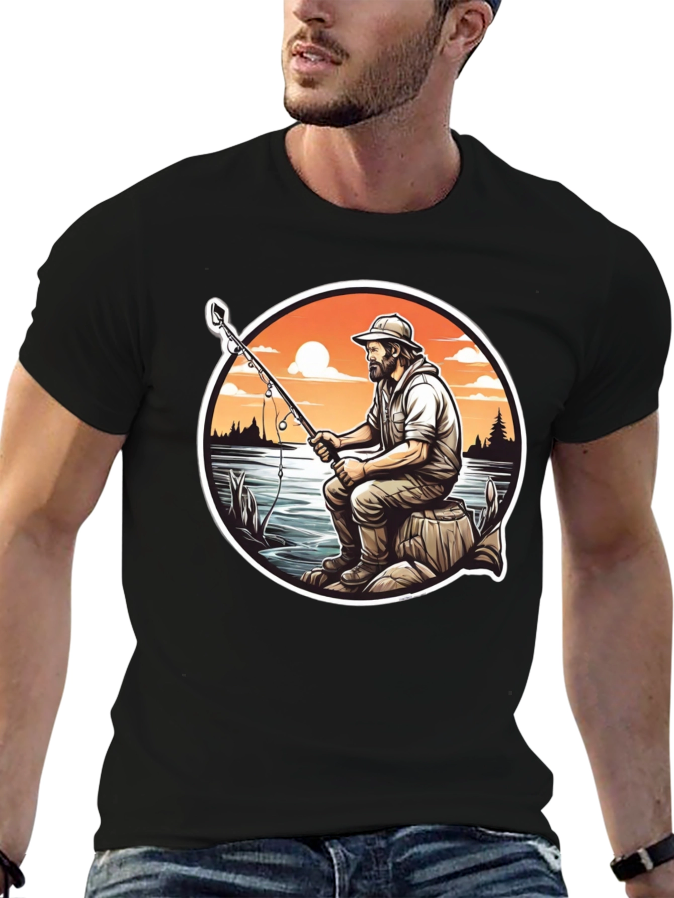 Fisherman Graphic Tee - Black Cotton T-Shirt