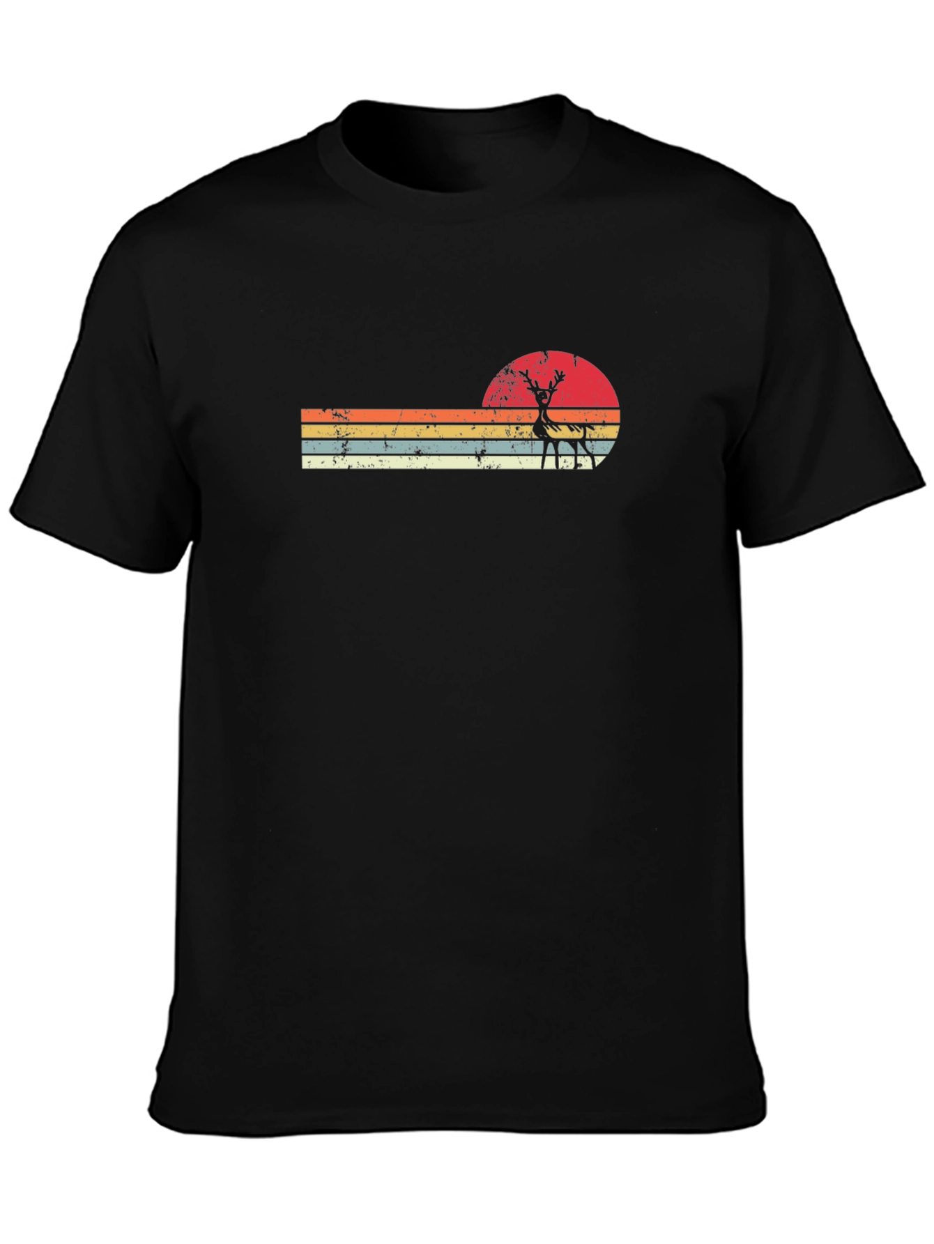 Retro Sunset Deer Graphic Tee - Black