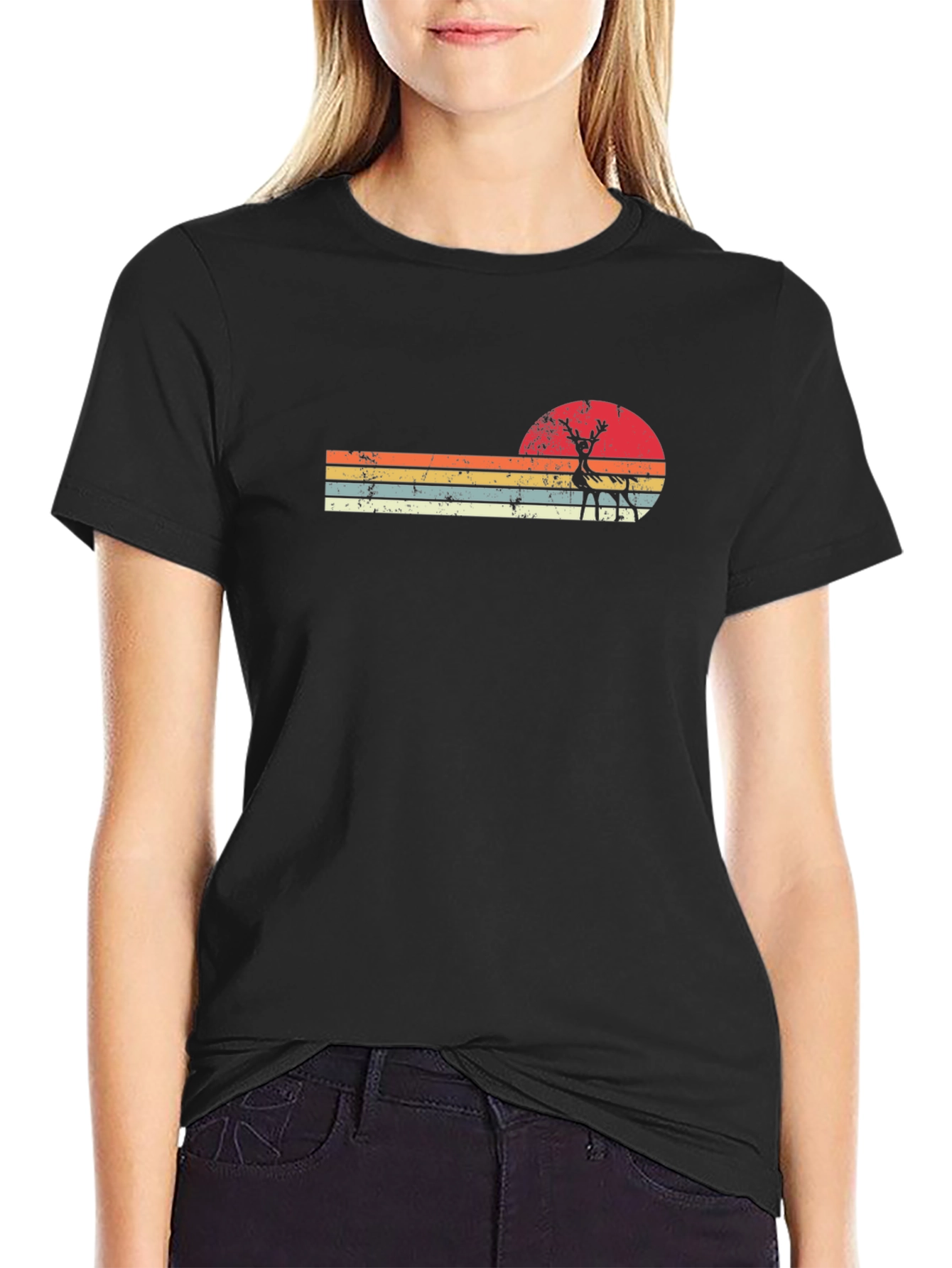 Retro Sunset Deer Graphic Tee - Black