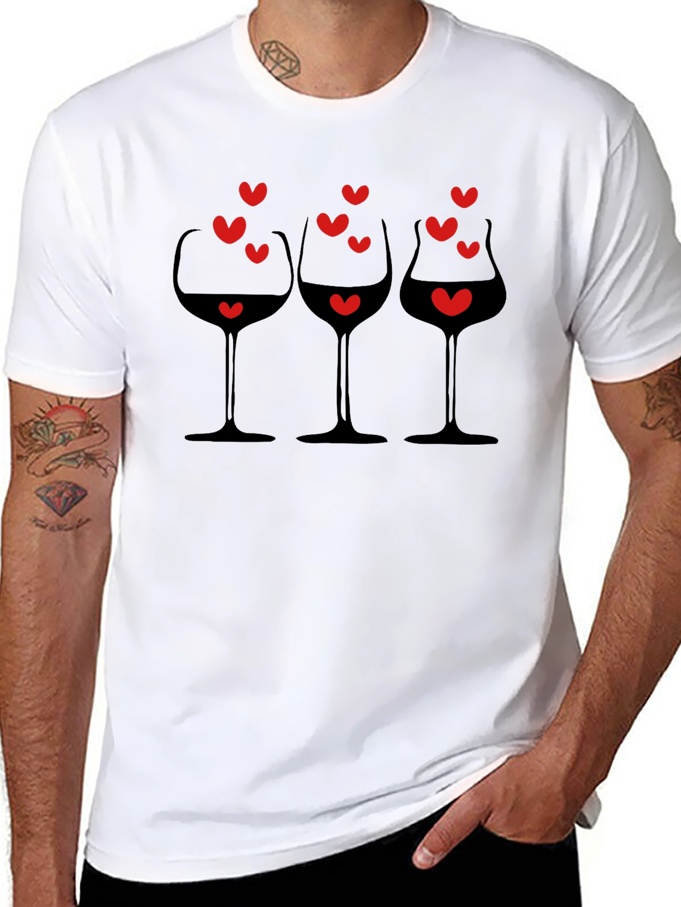 Wine Glasses & Hearts Graphic Black T-Shirt