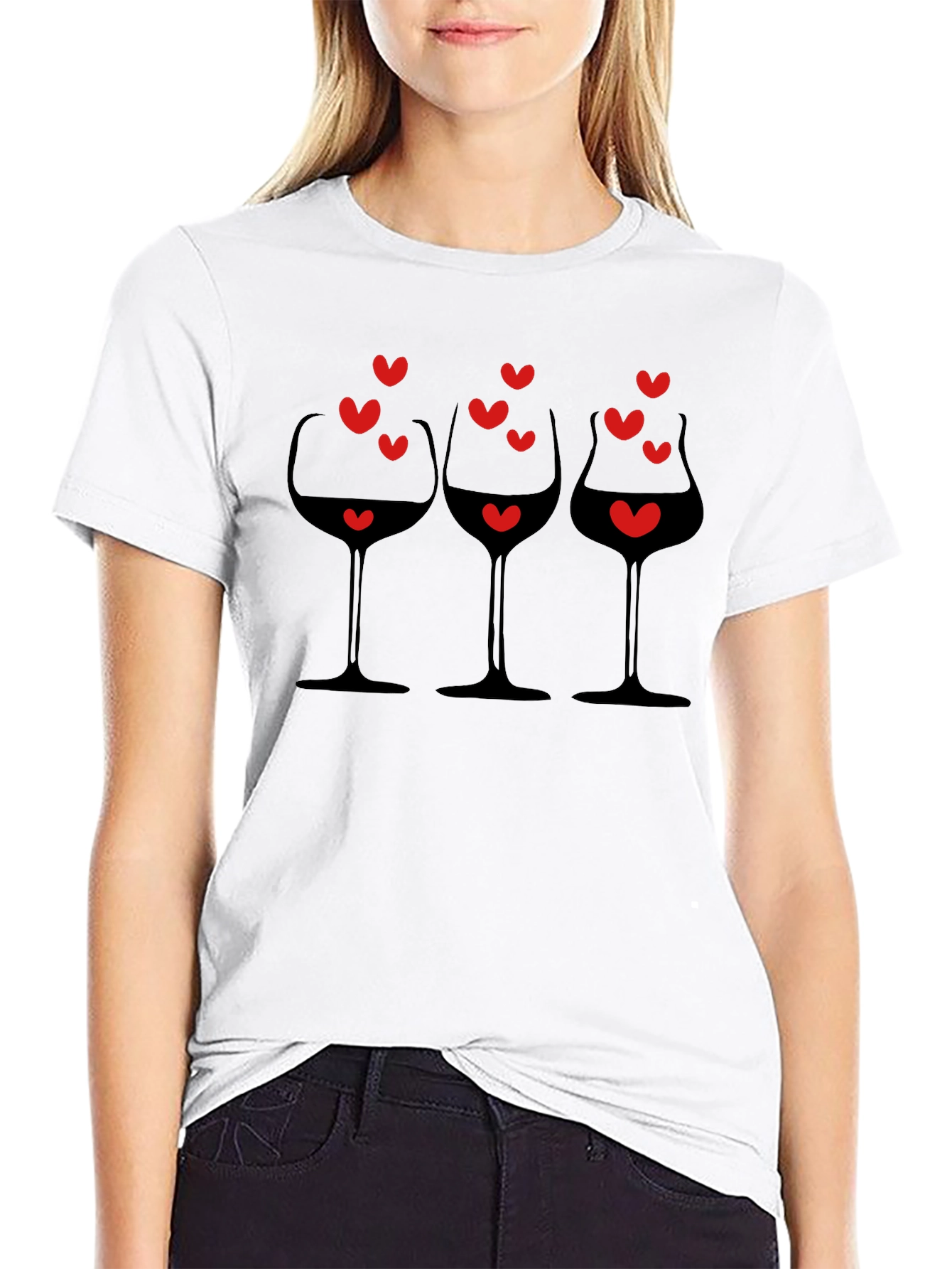 Wine Glasses & Hearts Graphic Black T-Shirt