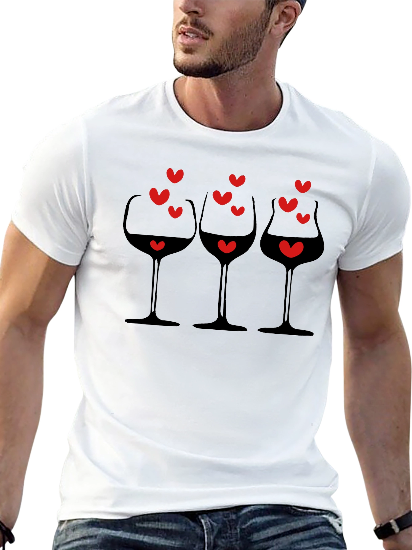 Wine Glasses & Hearts Graphic Black T-Shirt