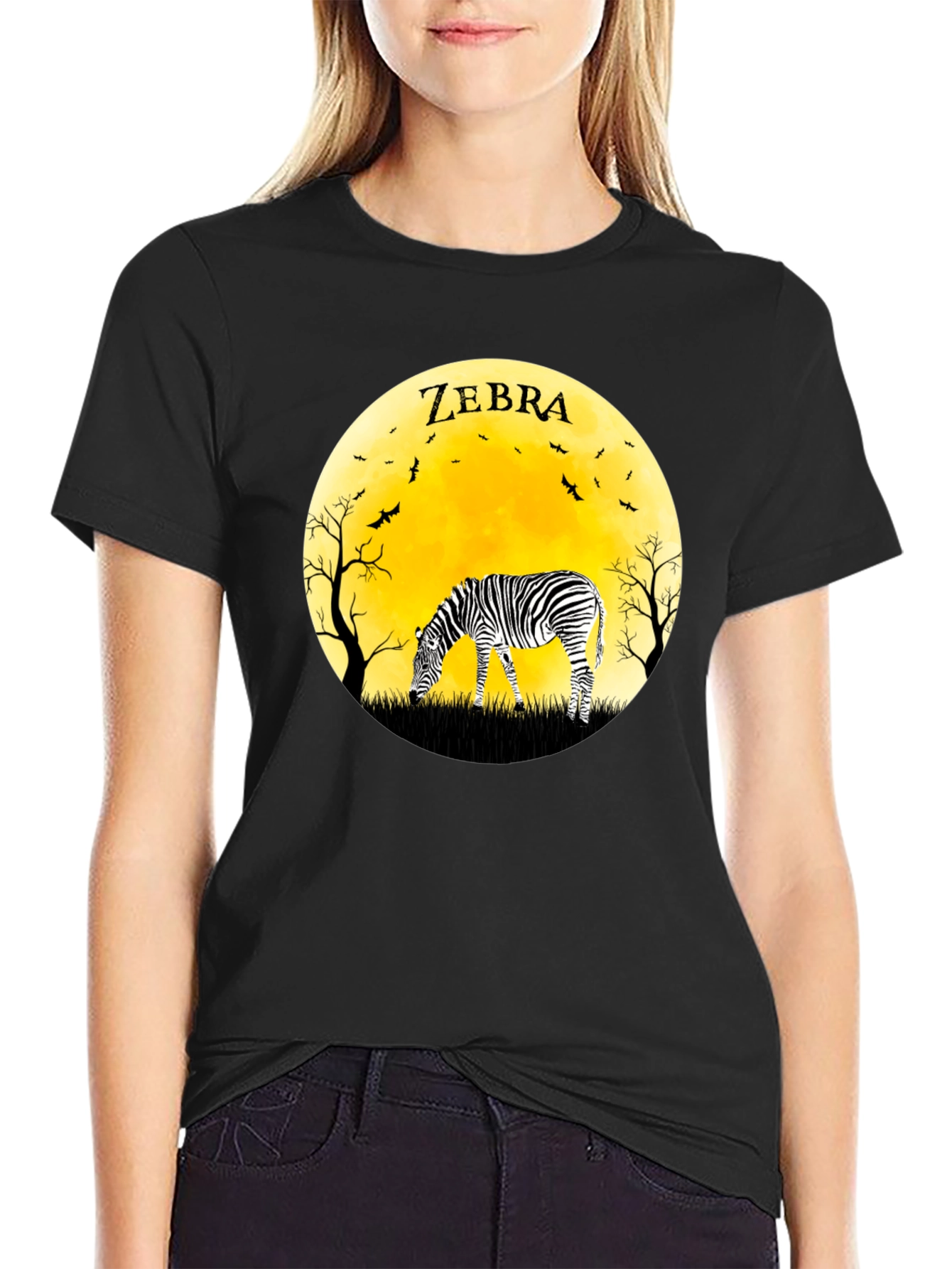 Zebra Moon Graphic Tee - Black Cotton T-Shirt