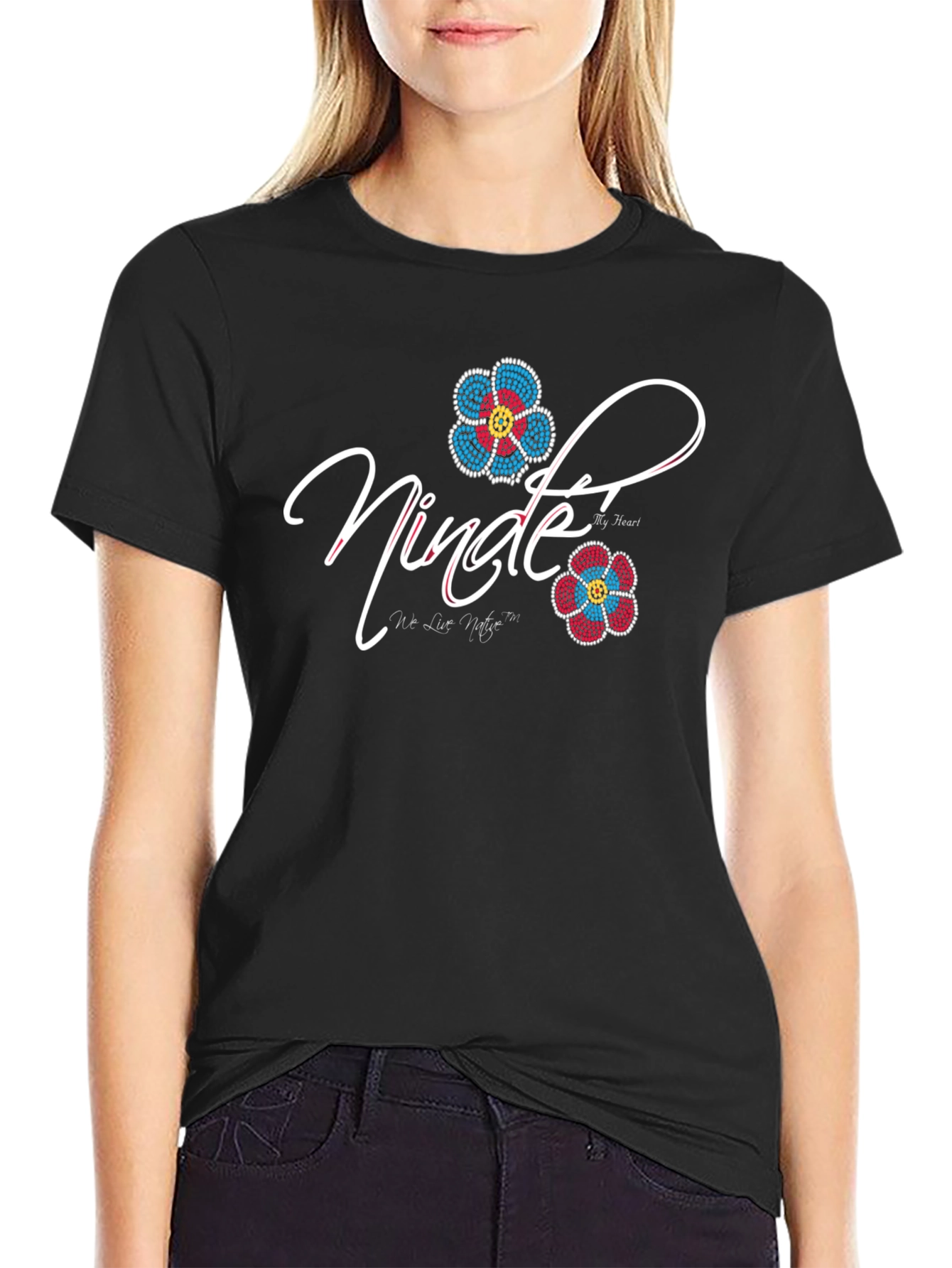 Nindee Black T-Shirt with Floral Design