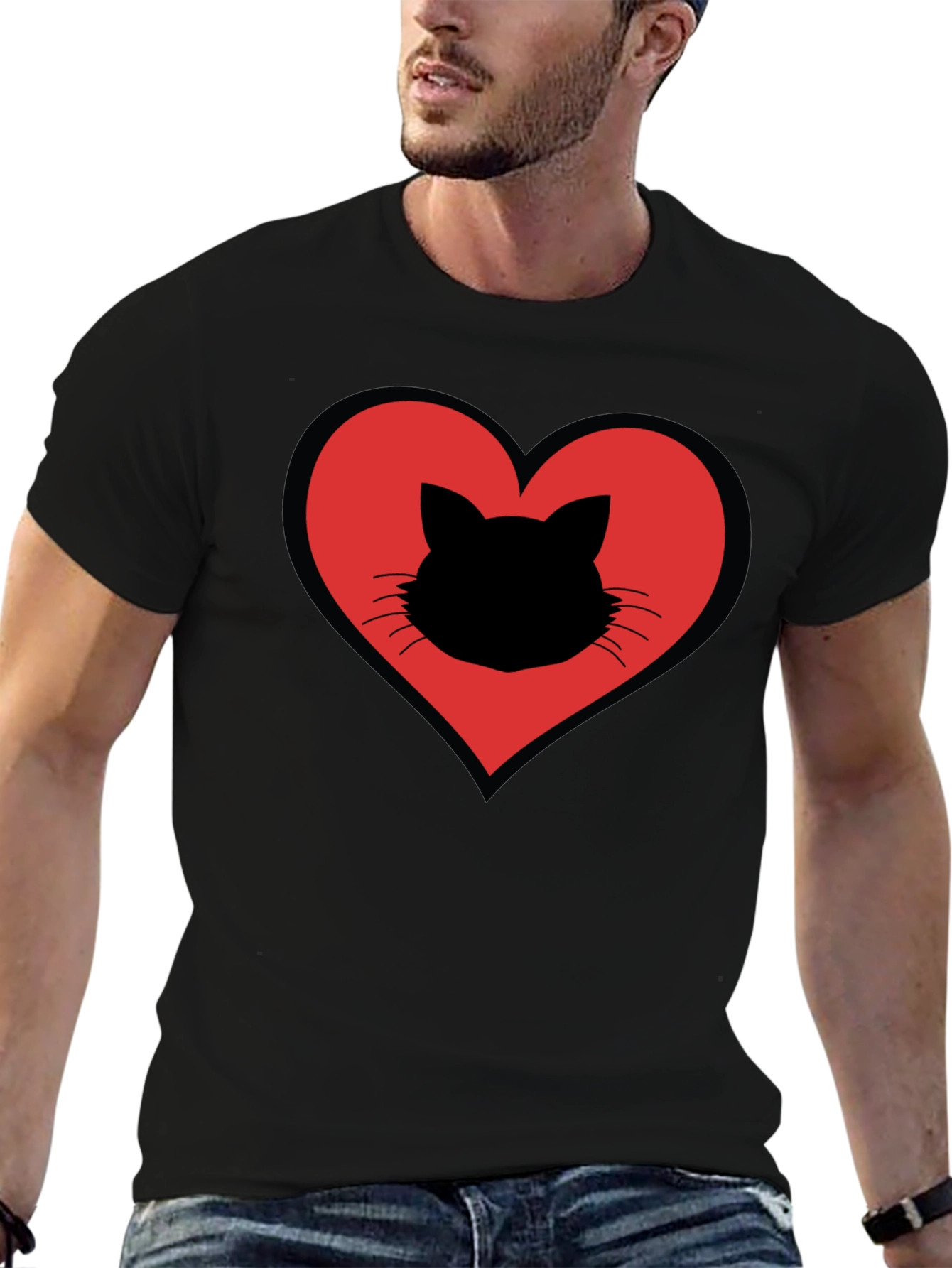 Cat Heart T-Shirt - Stylish Black Cotton Tee