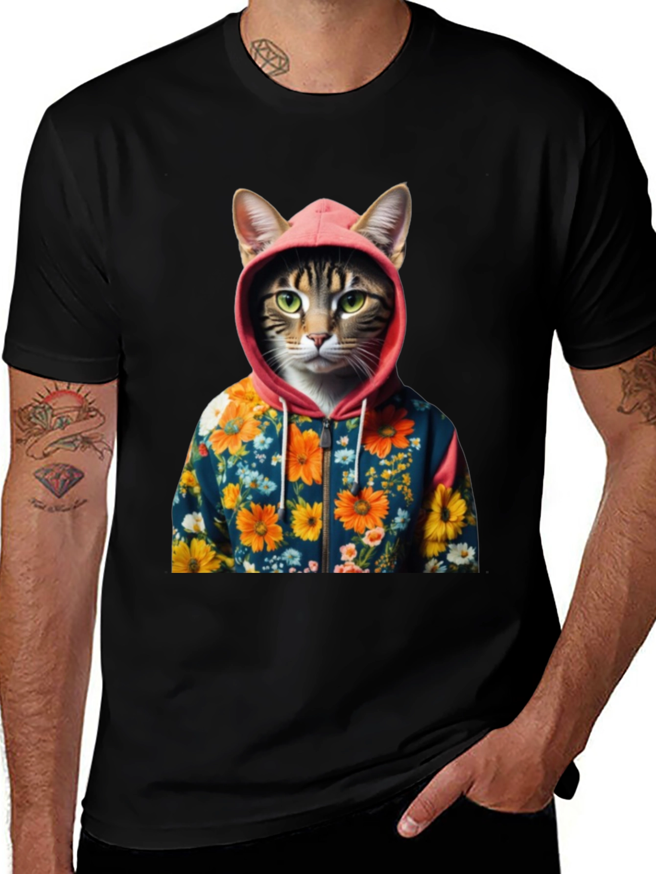 Cat in Floral Hoodie T-Shirt