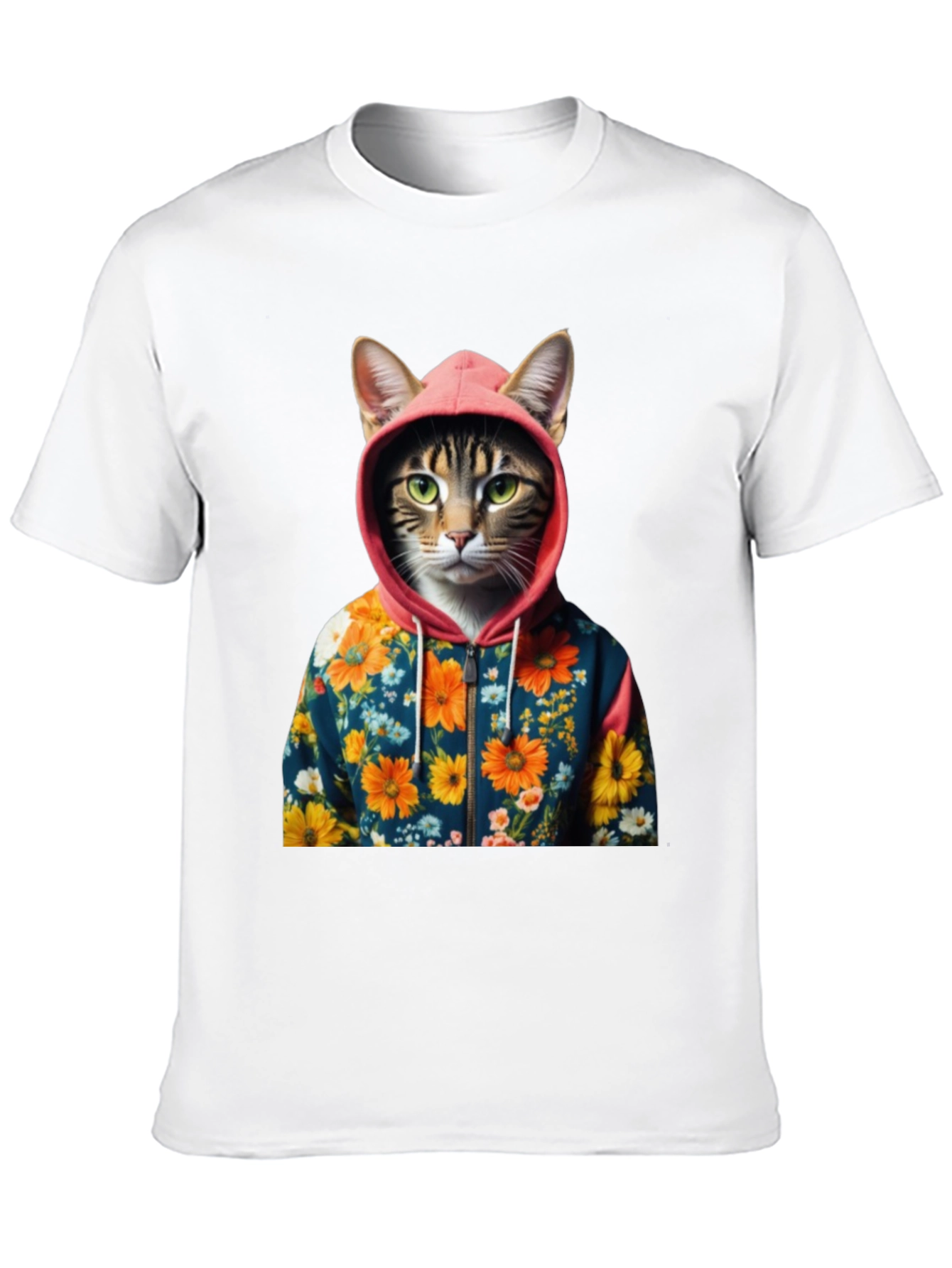 Cat in Floral Hoodie T-Shirt