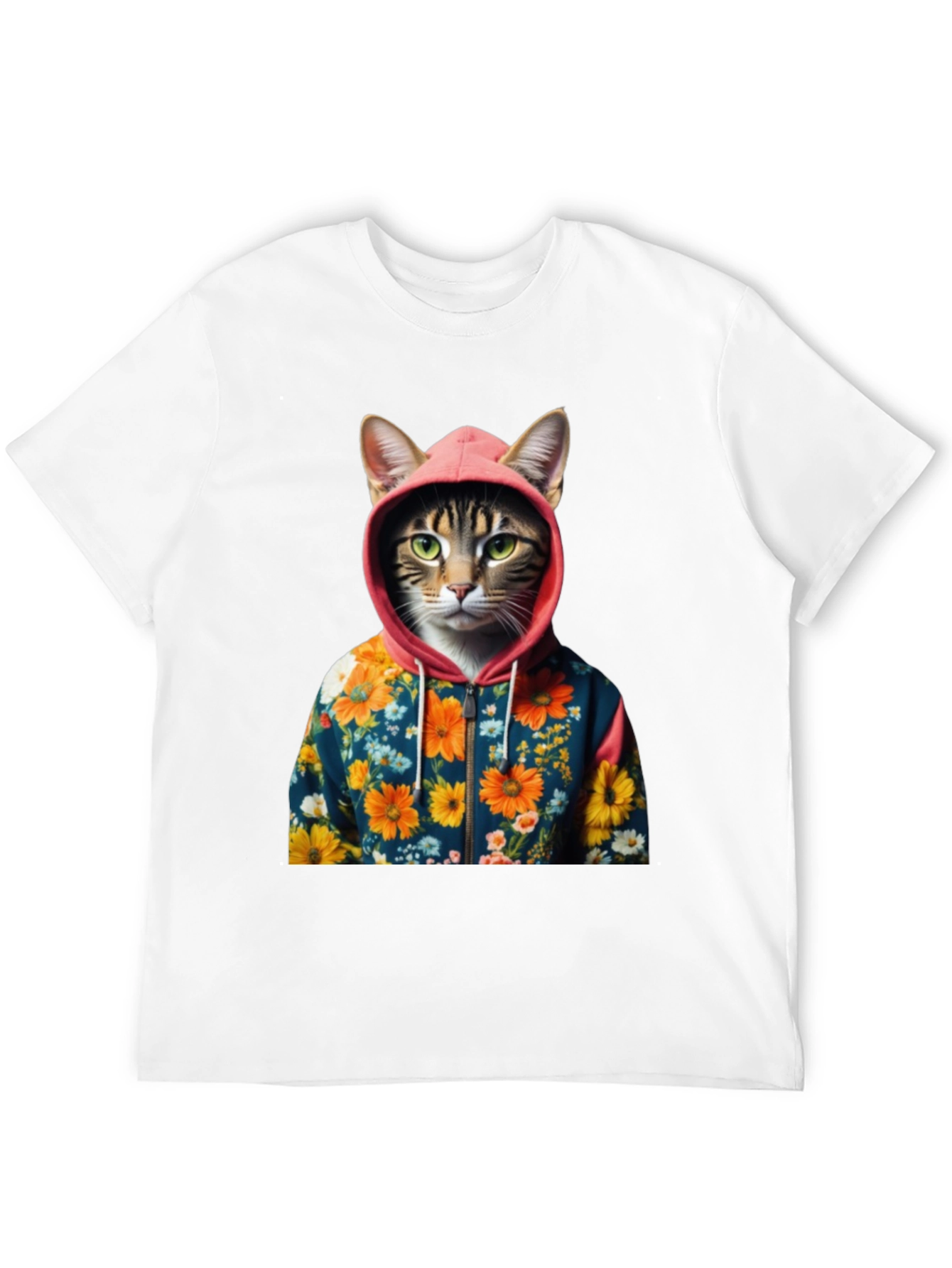 Cat in Floral Hoodie T-Shirt
