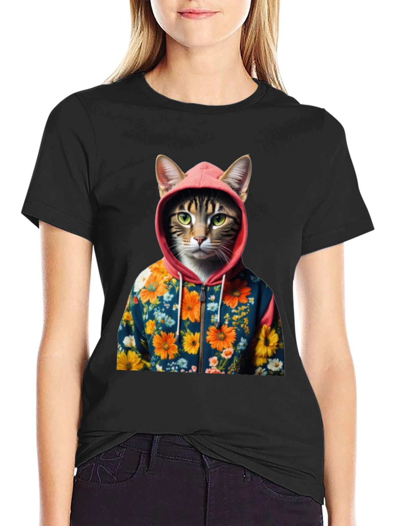 Cat in Floral Hoodie T-Shirt