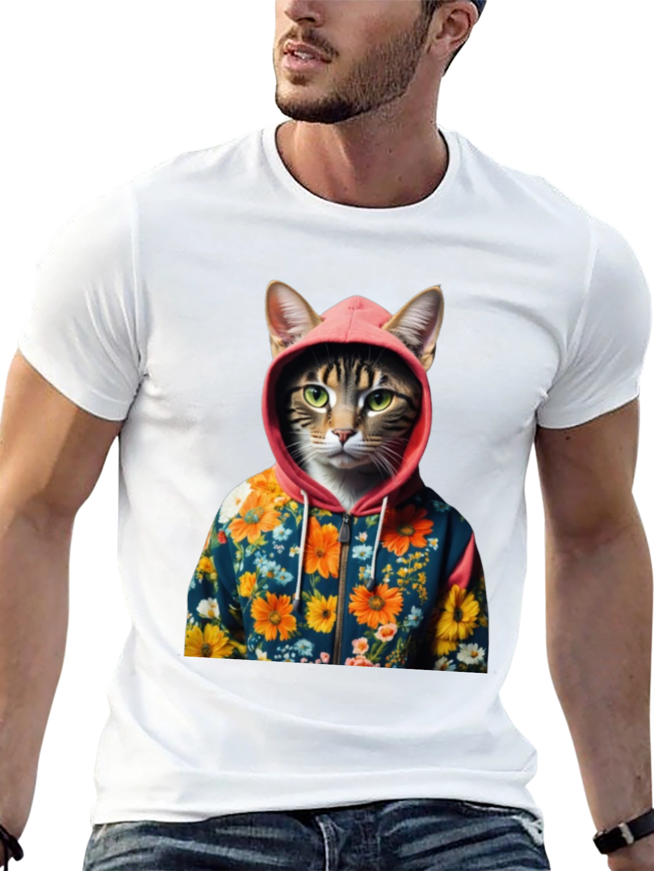 Cat in Floral Hoodie T-Shirt