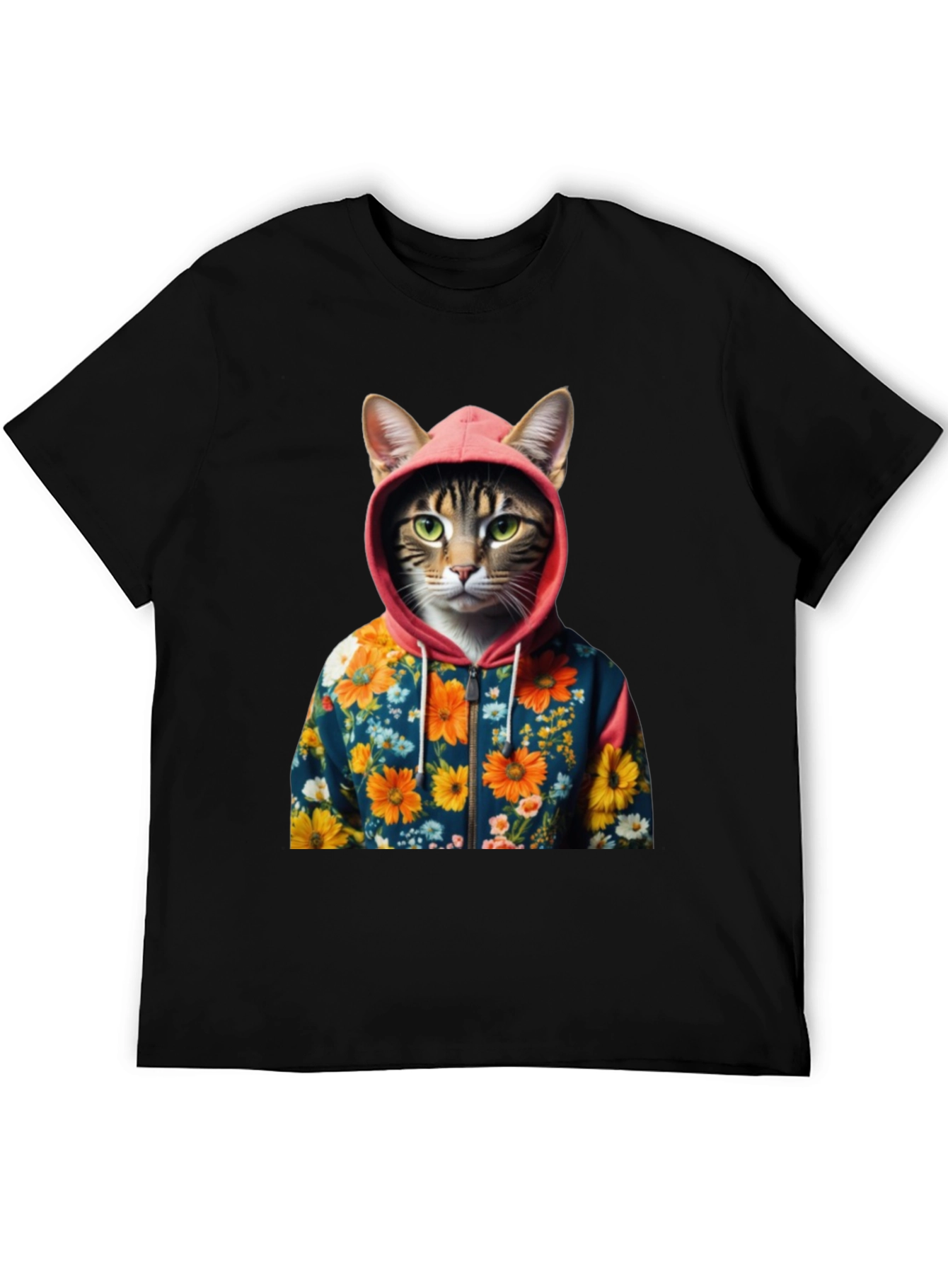 Cat in Floral Hoodie T-Shirt