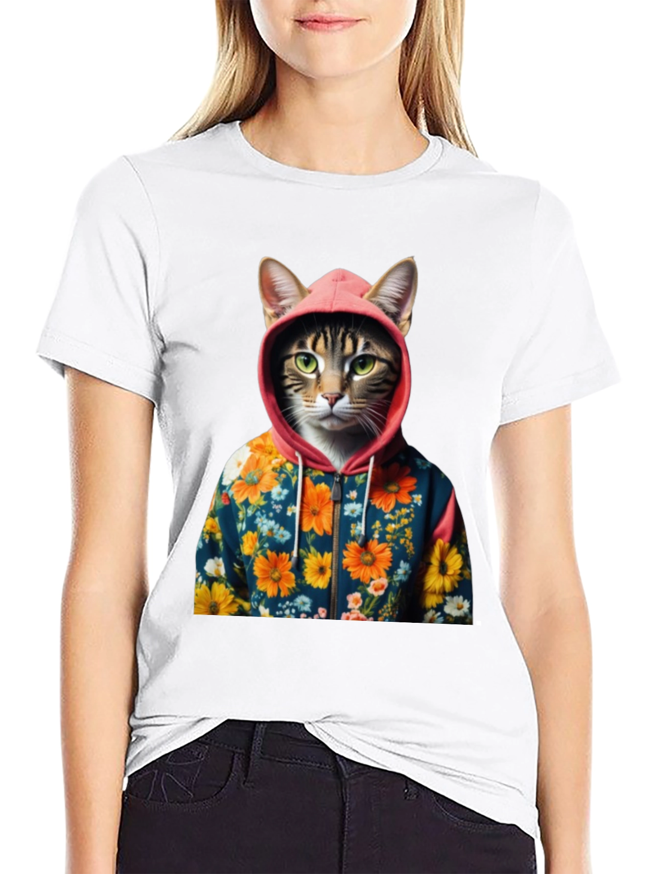 Cat in Floral Hoodie T-Shirt