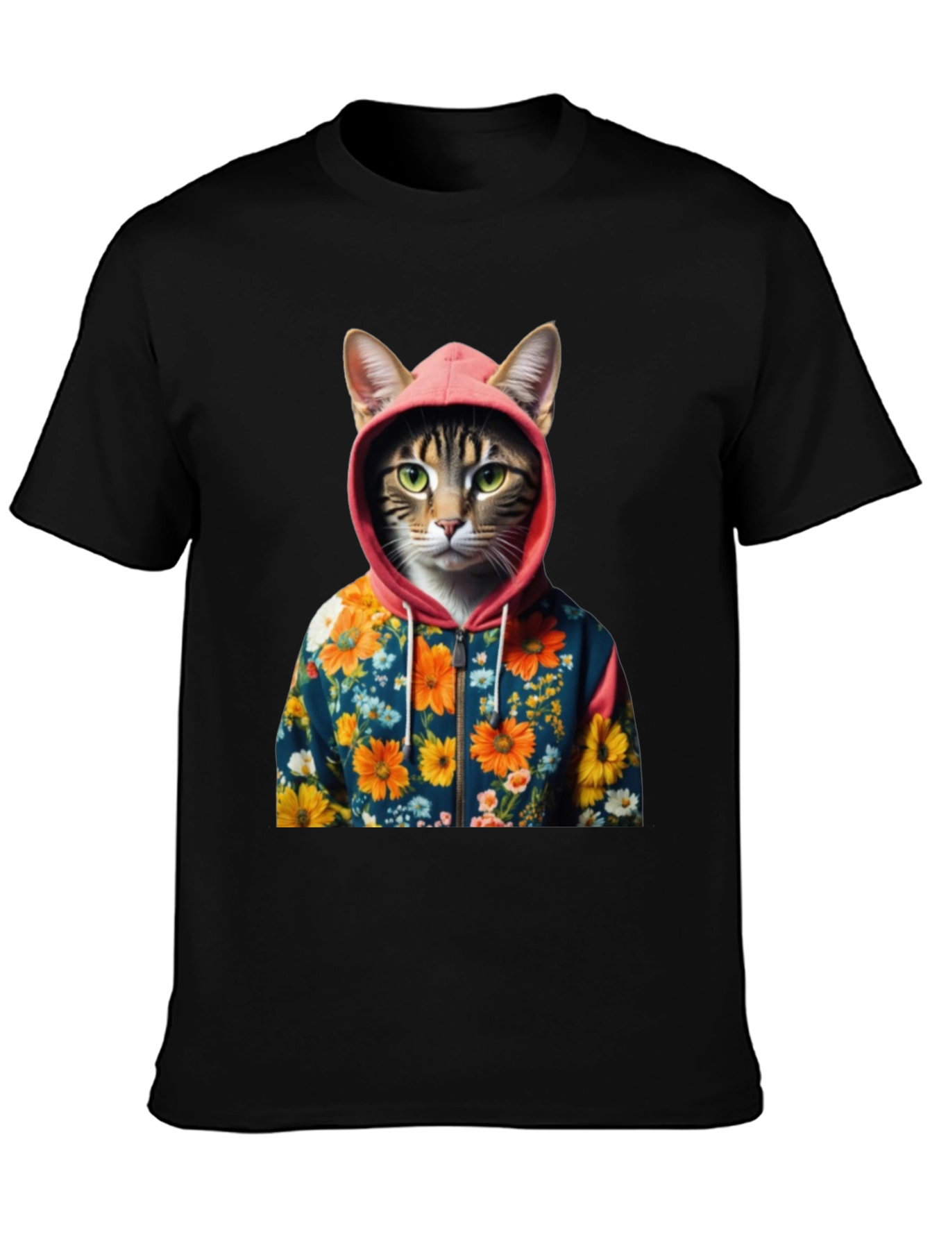Cat in Floral Hoodie T-Shirt