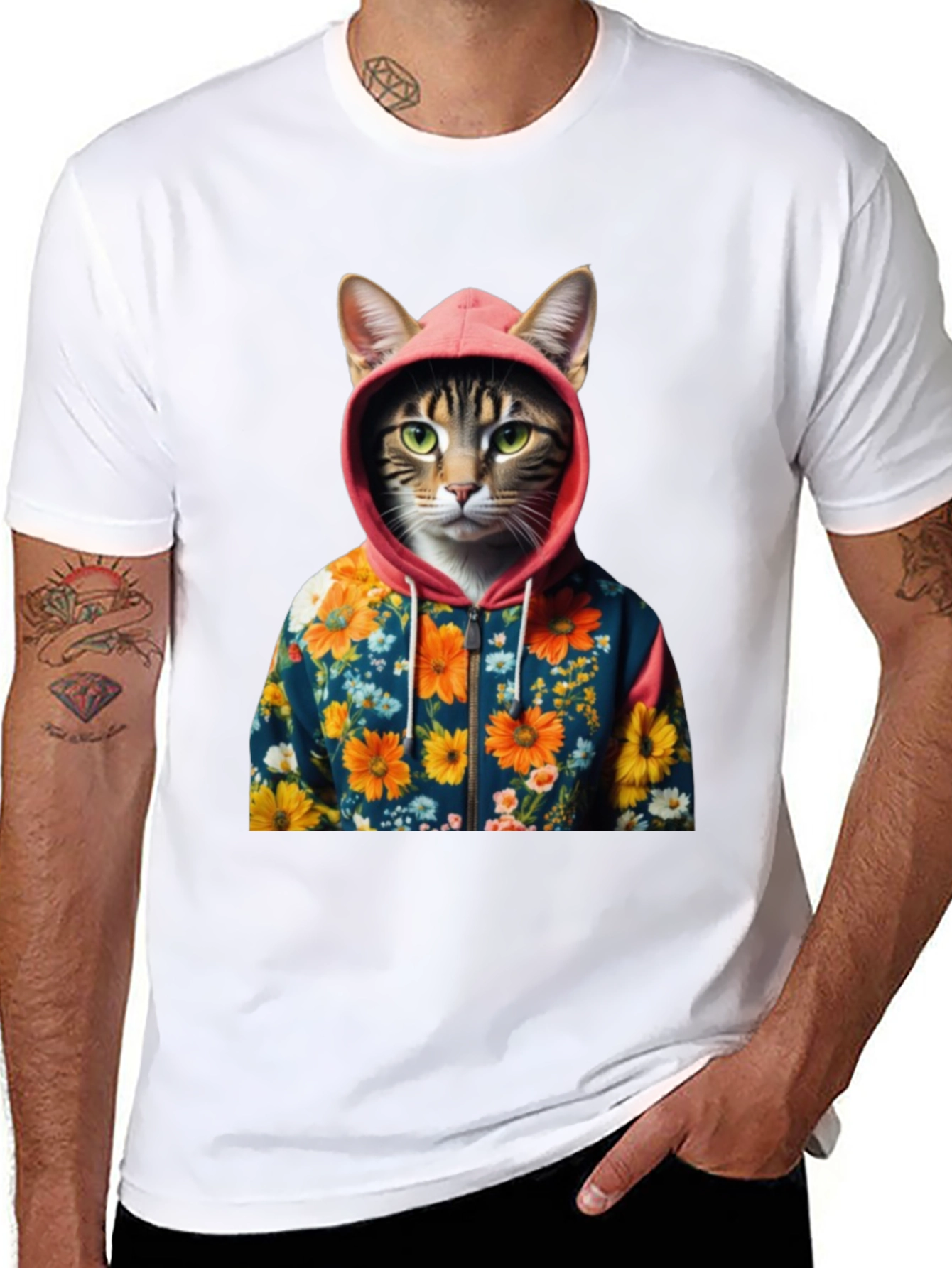Cat in Floral Hoodie T-Shirt