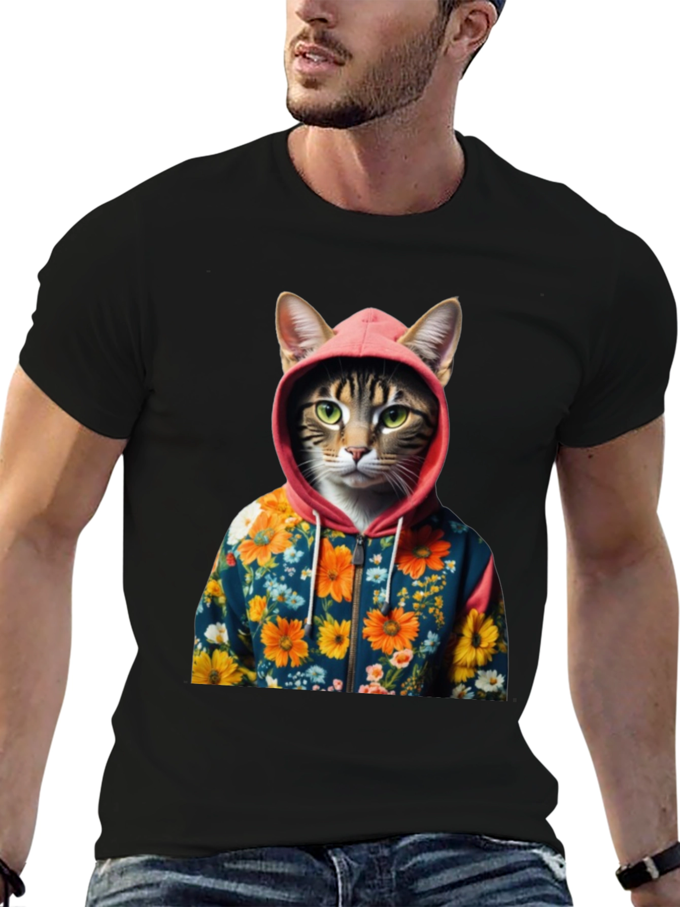 Cat in Floral Hoodie T-Shirt