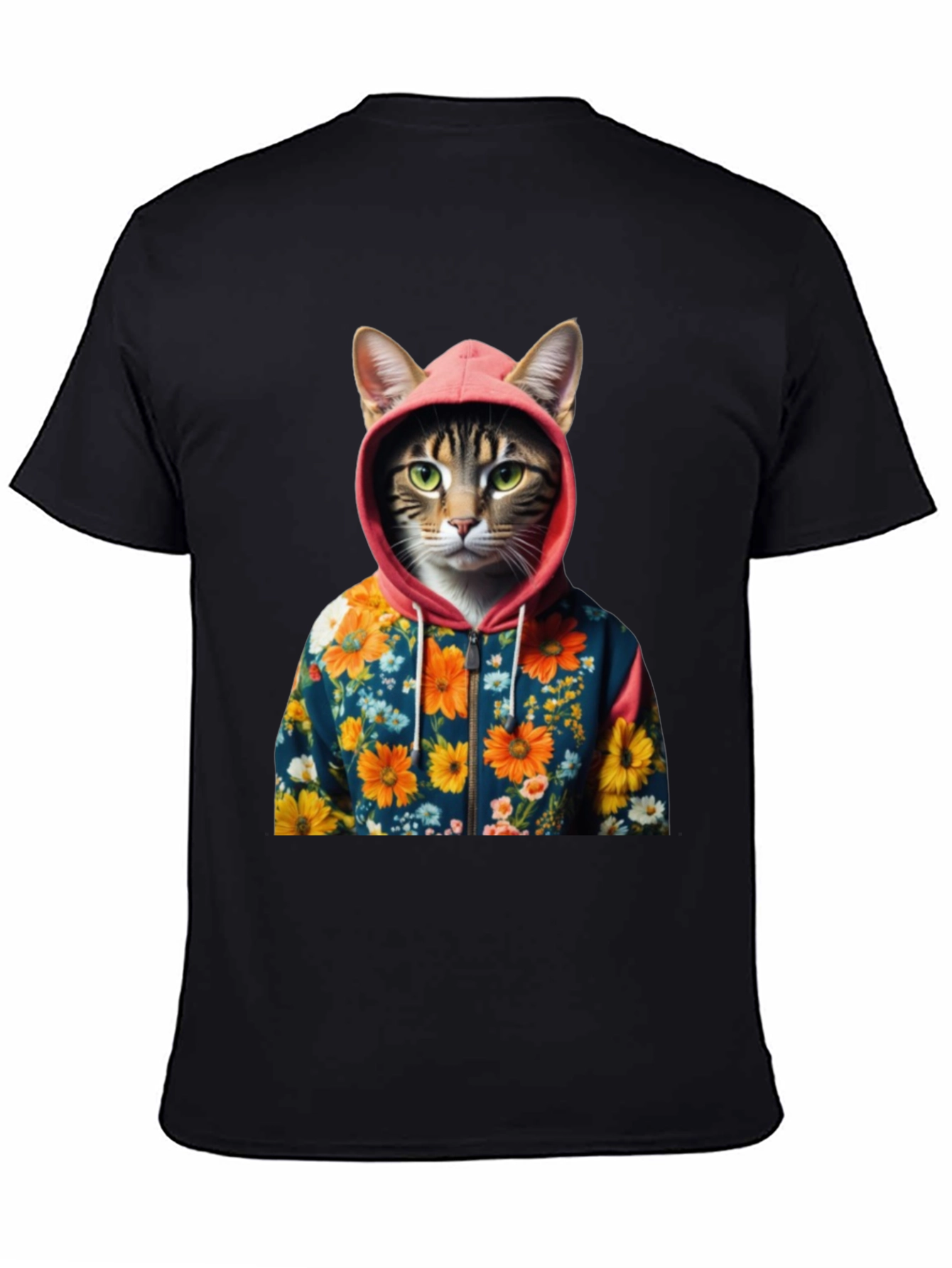 Cat in Floral Hoodie T-Shirt