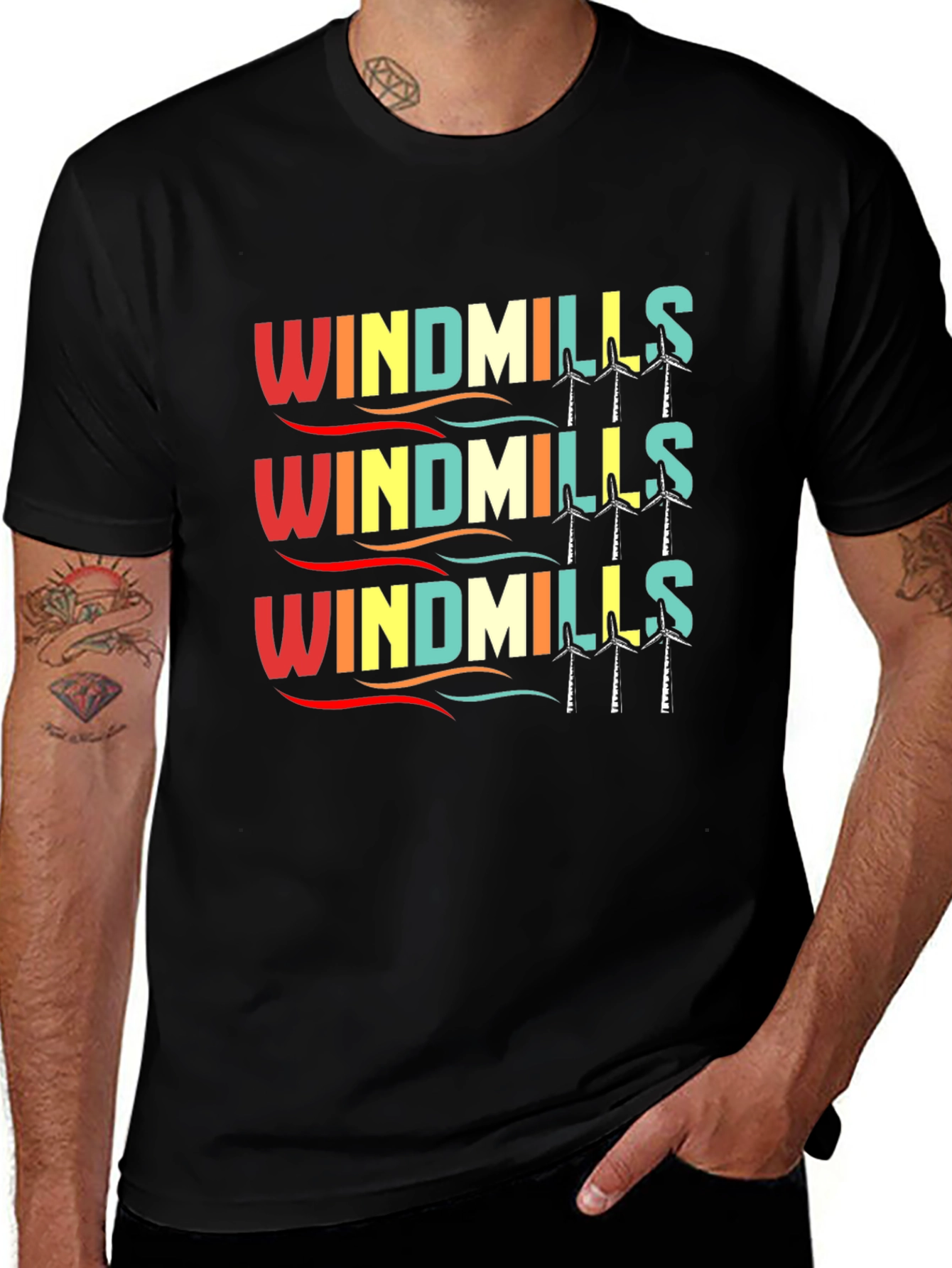 Retro Windmills Graphic T-Shirt - Black