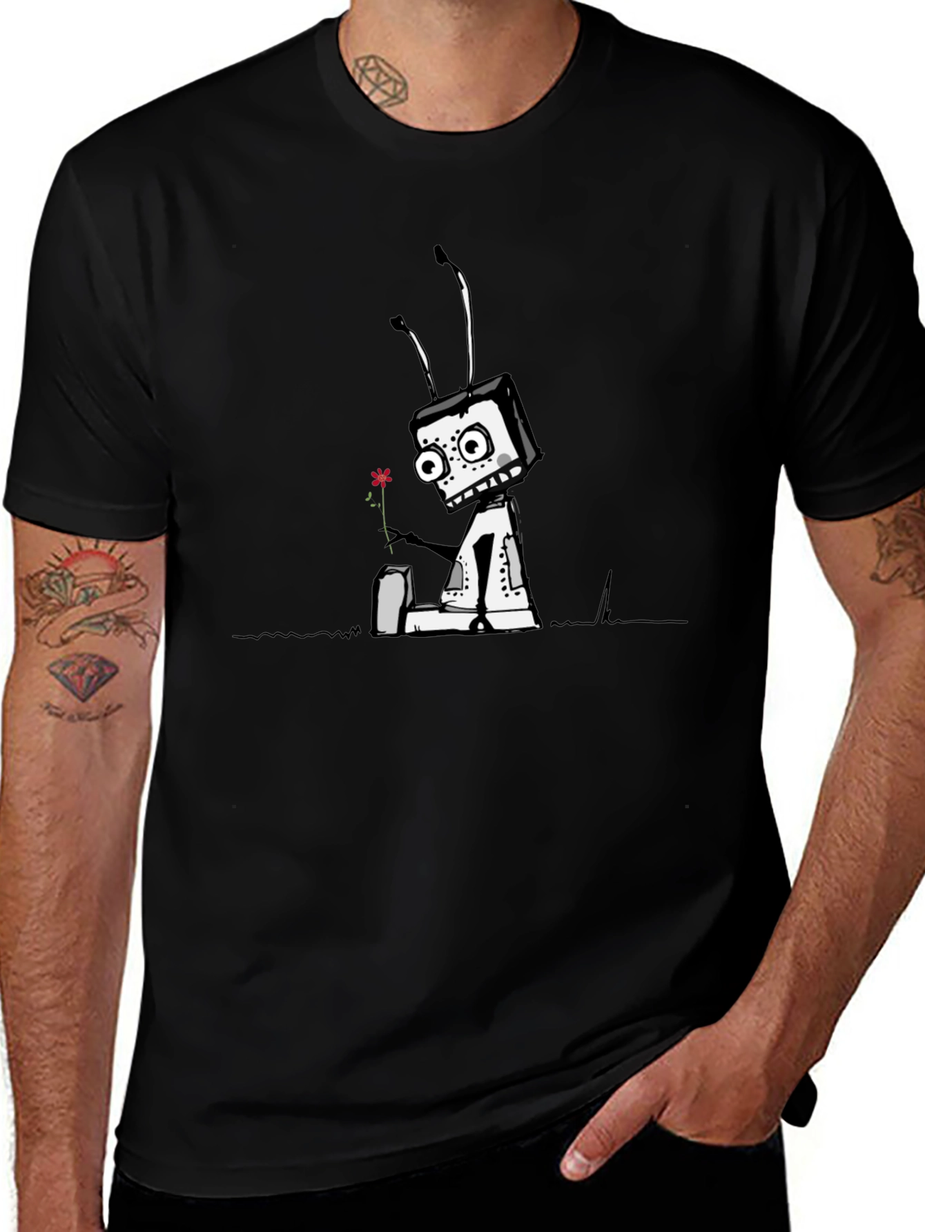 Robot with Flower Graphic Tee - Black