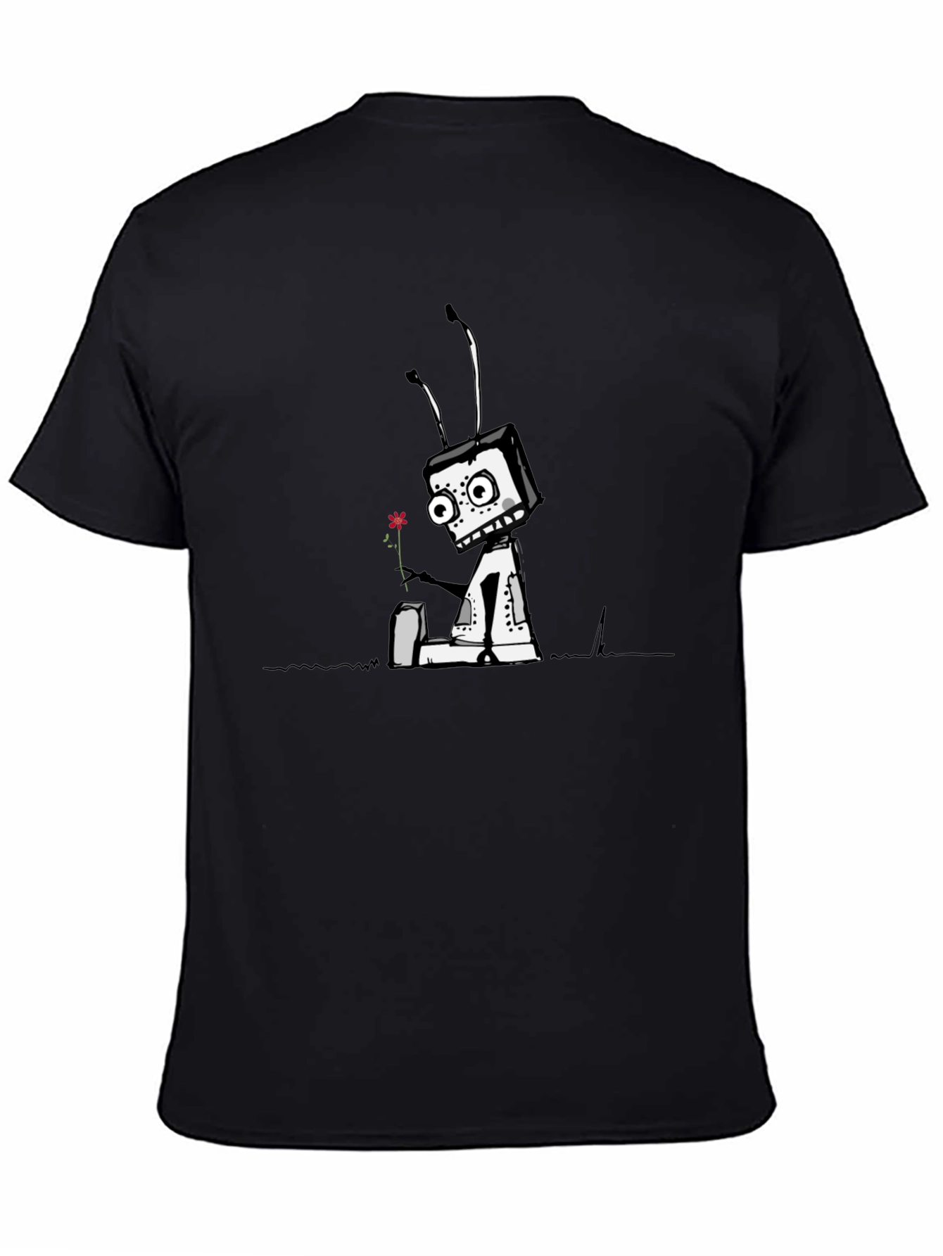 Robot with Flower Graphic Tee - Black
