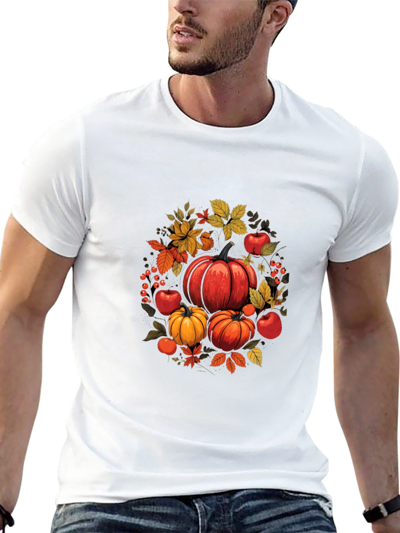 Autumn Harvest T-Shirt: Pumpkins Apples and Leaves