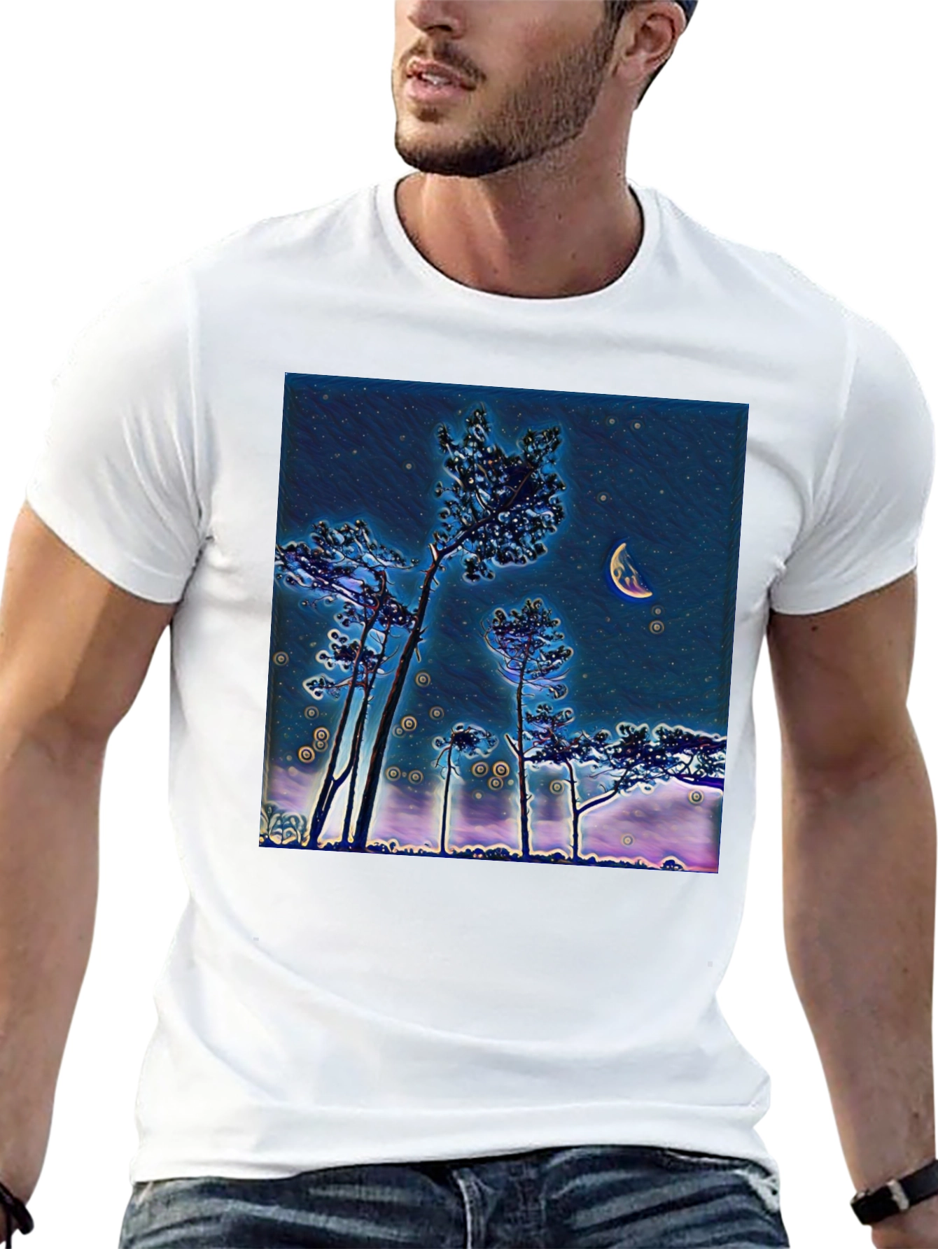 Night Sky Crescent Moon Trees Graphic Tee