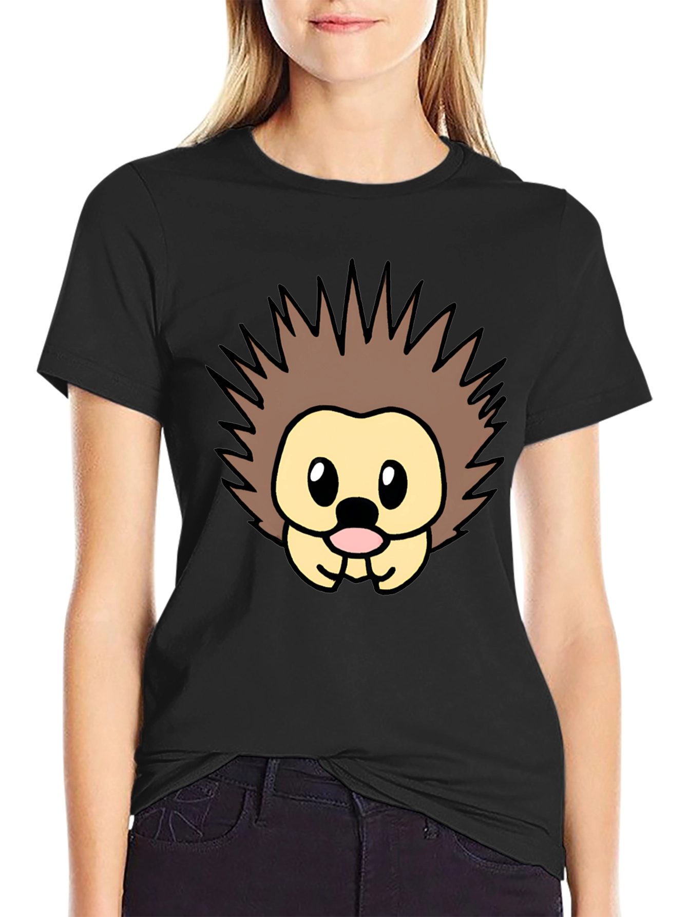 Cute Cartoon Hedgehog Graphic Tee - Black