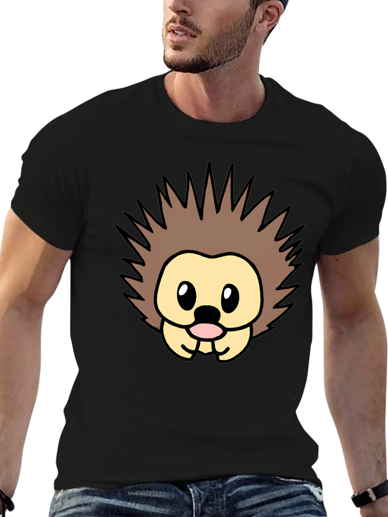Cute Cartoon Hedgehog Graphic Tee - Black