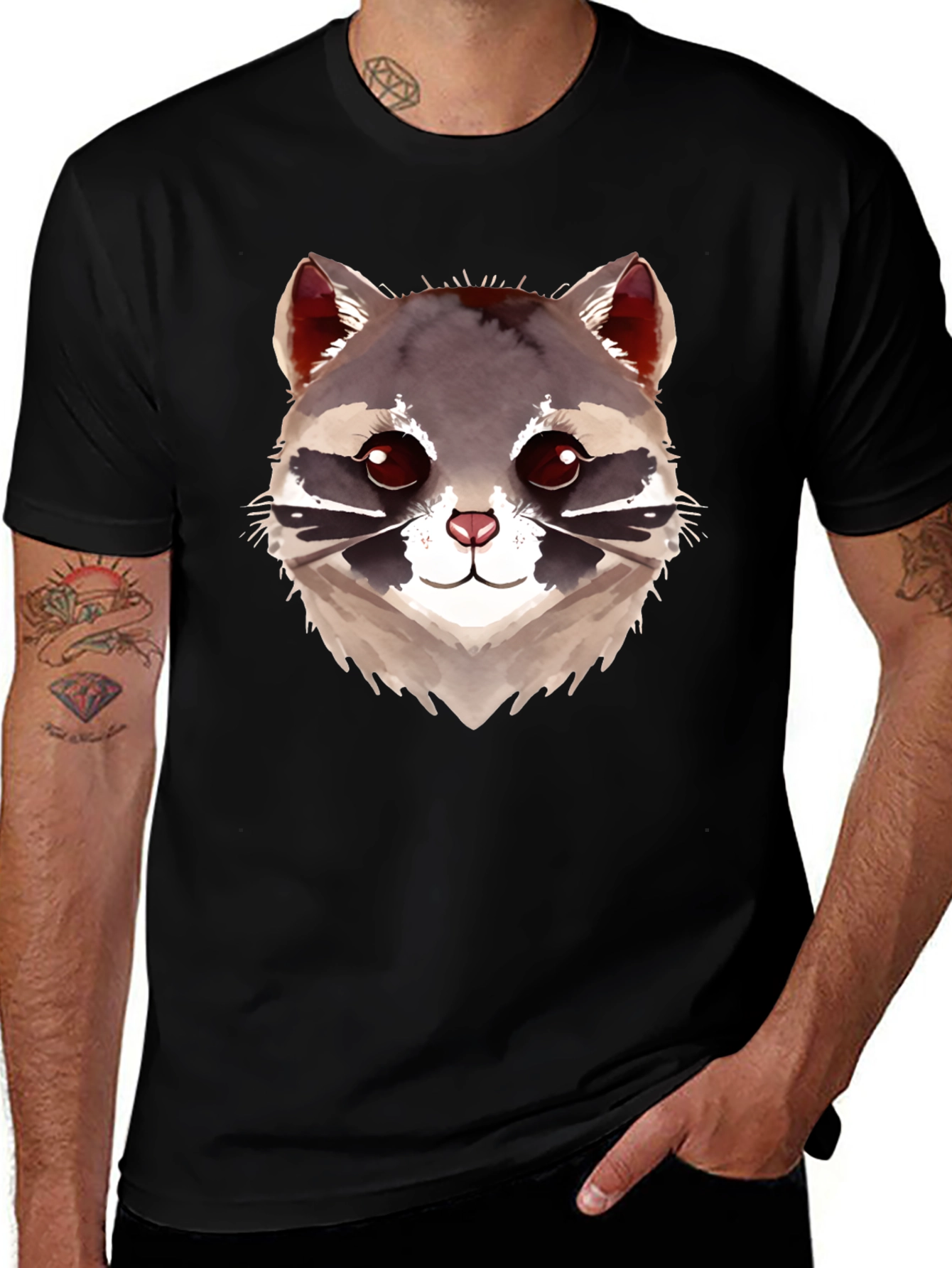 Cute Raccoon Graphic Black T-Shirt