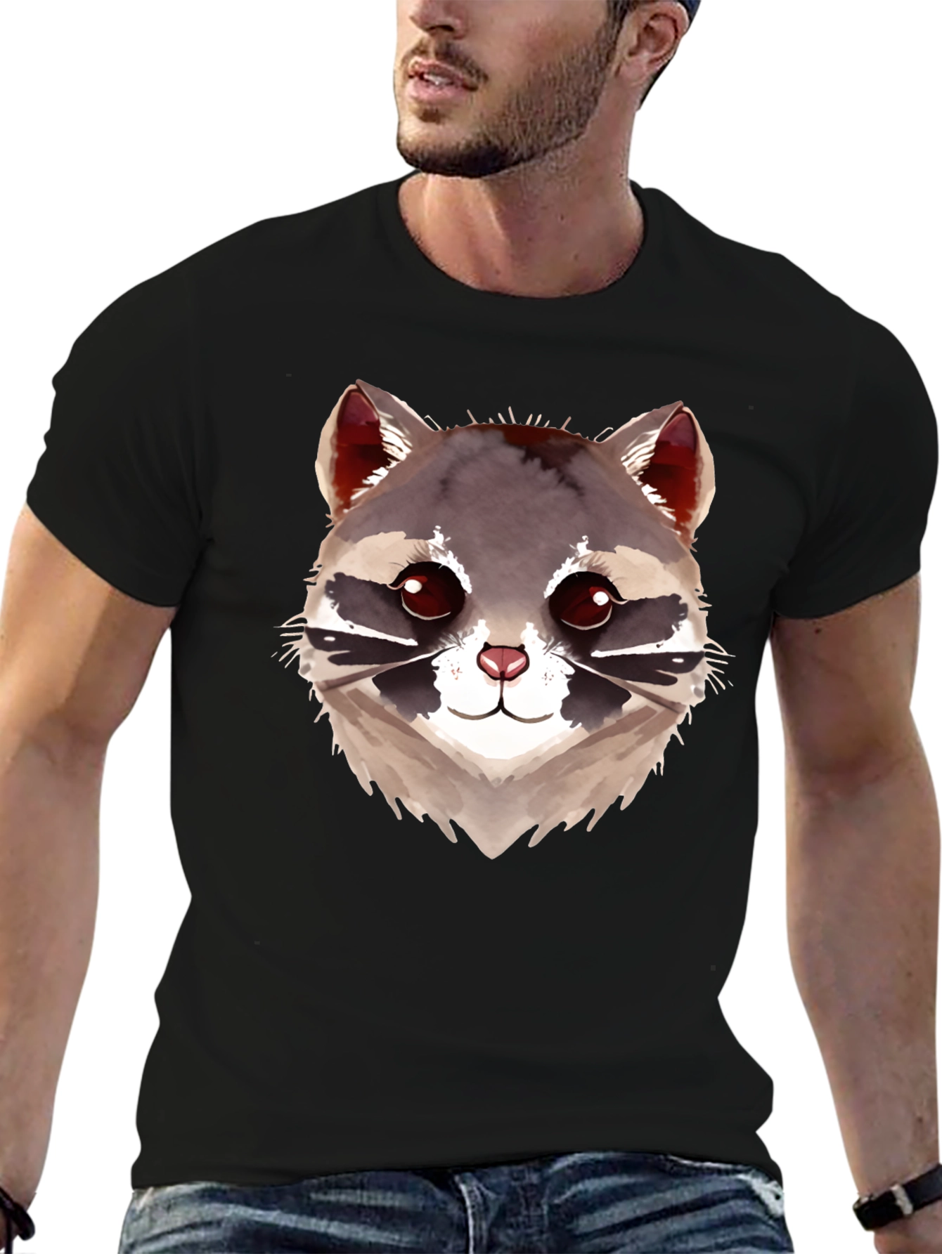 Cute Raccoon Graphic Black T-Shirt