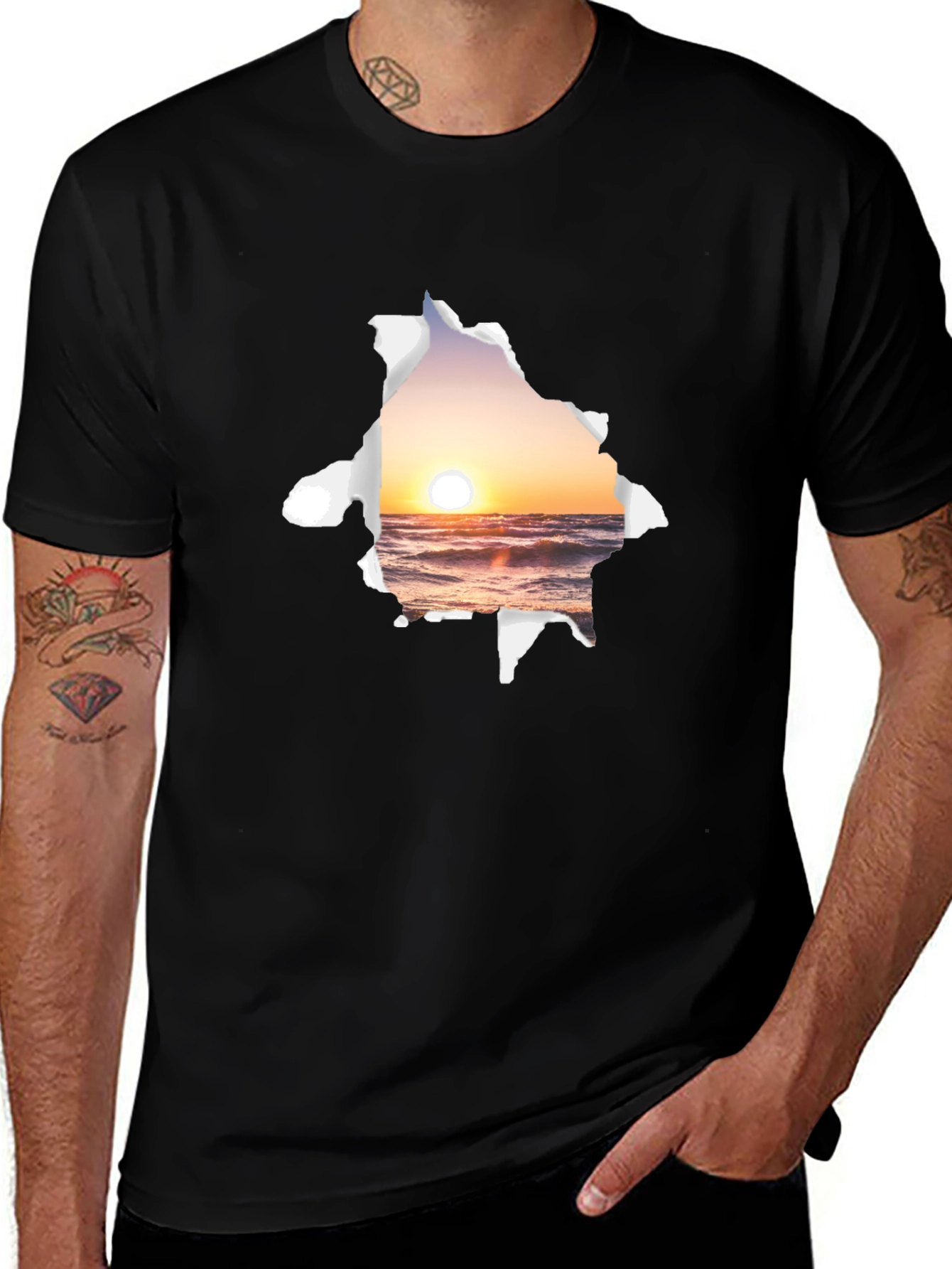 Sunset Beach Graphic Tee - Black Cotton T-Shirt