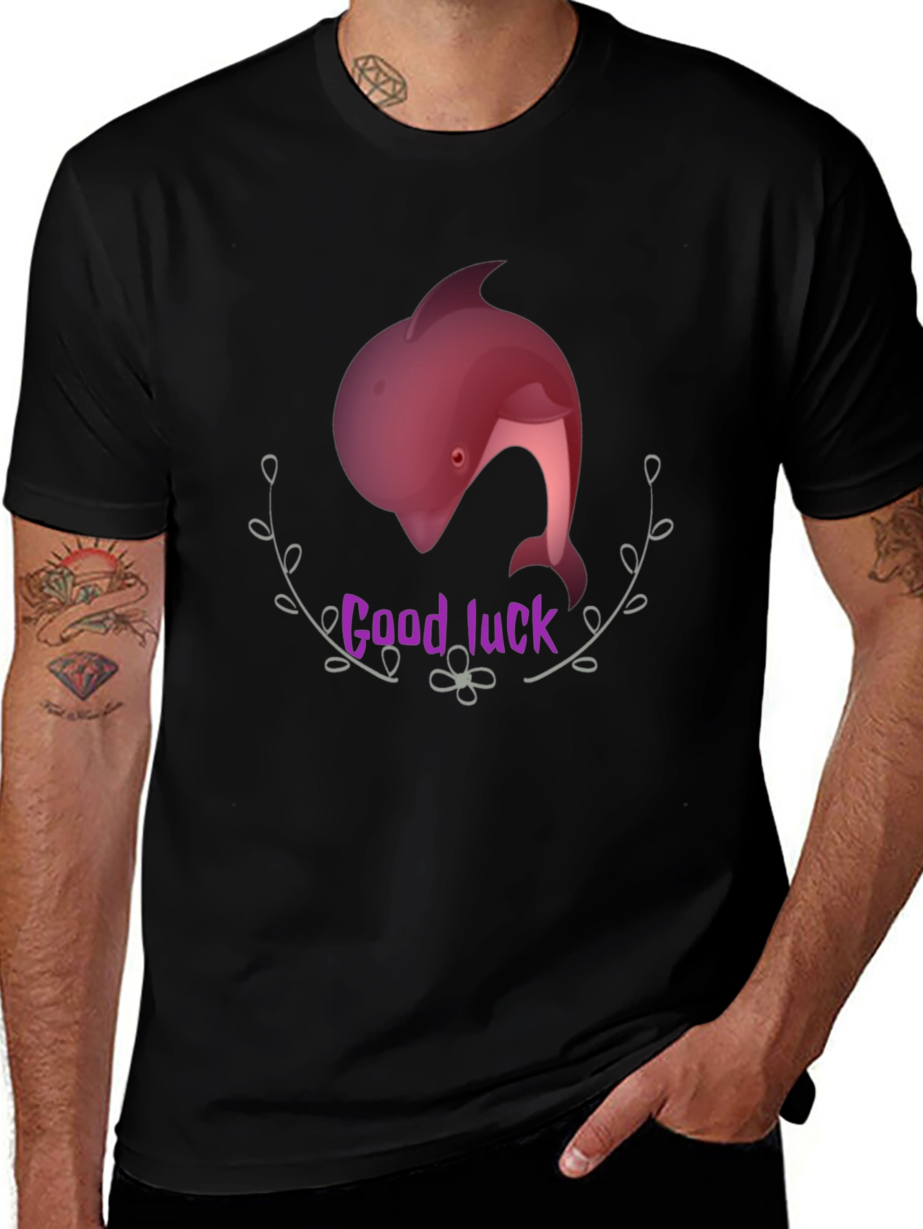 Good Luck Dolphin Graphic Tee - Black Unisex T-Shirt