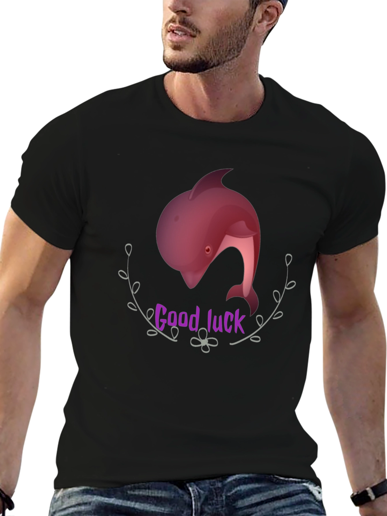 Good Luck Dolphin Graphic Tee - Black Unisex T-Shirt