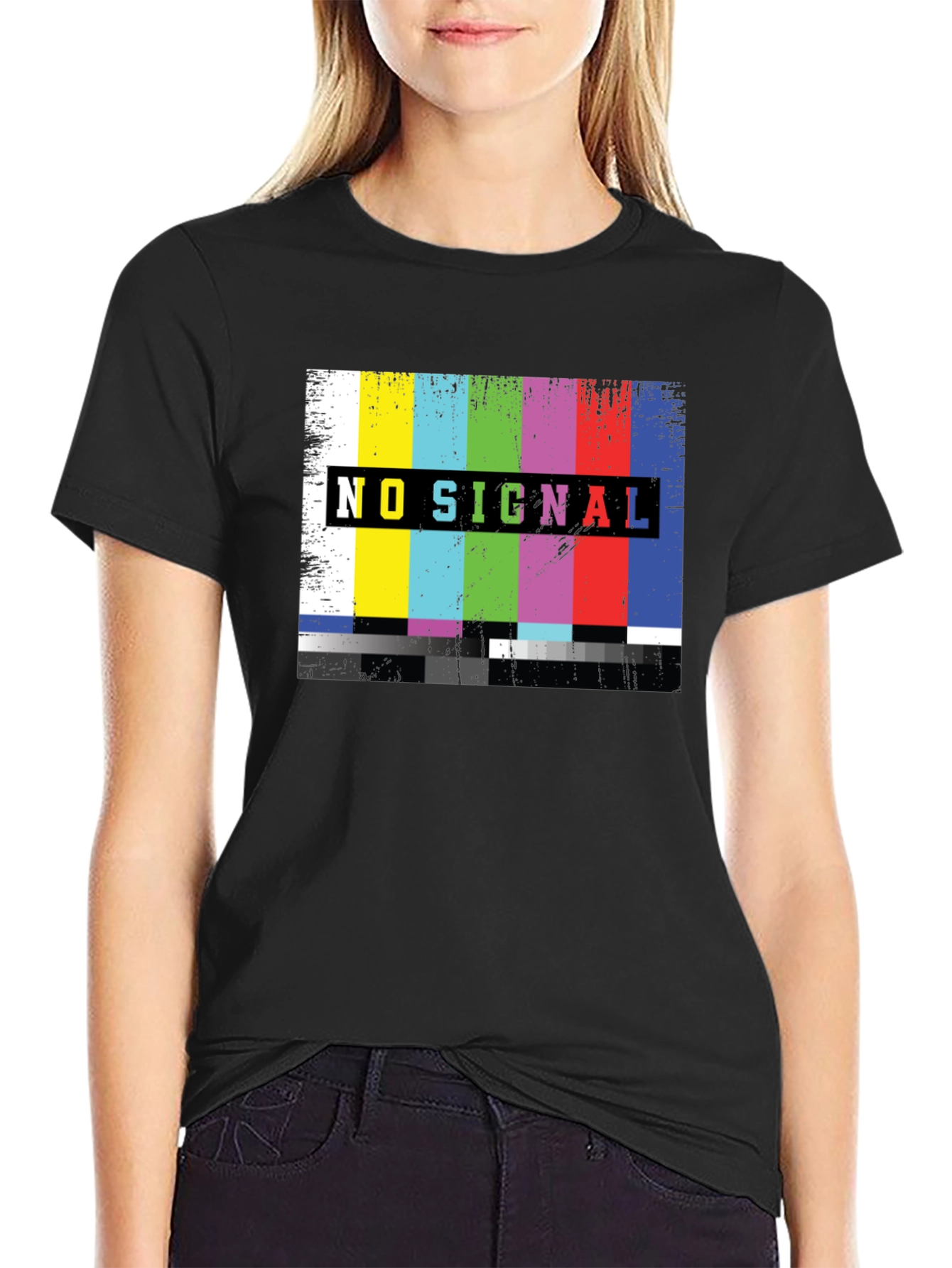 No Signal TV Glitch Black T-Shirt - Retro Style