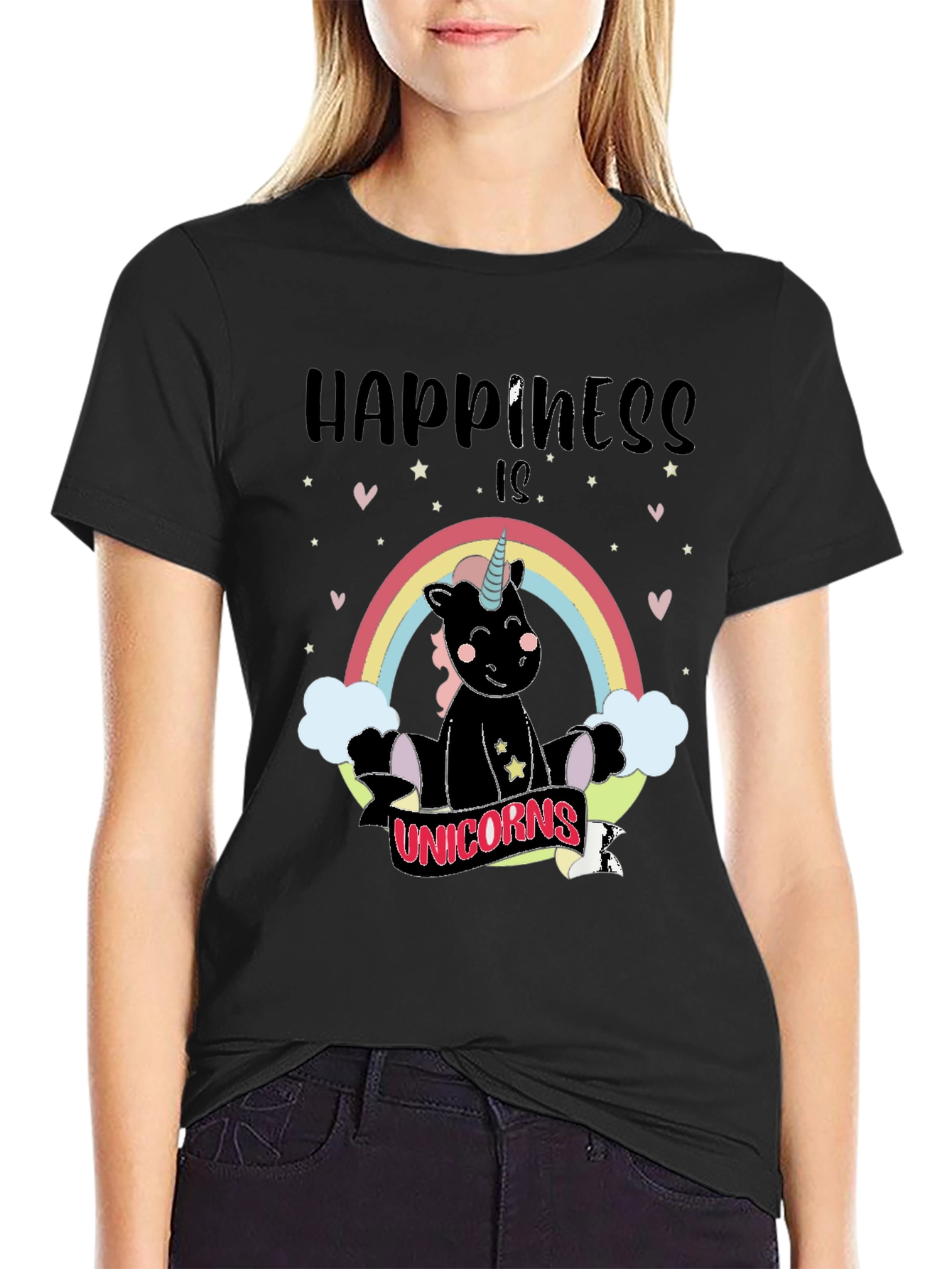 Happiness is Unicorns Black Graphic Tee