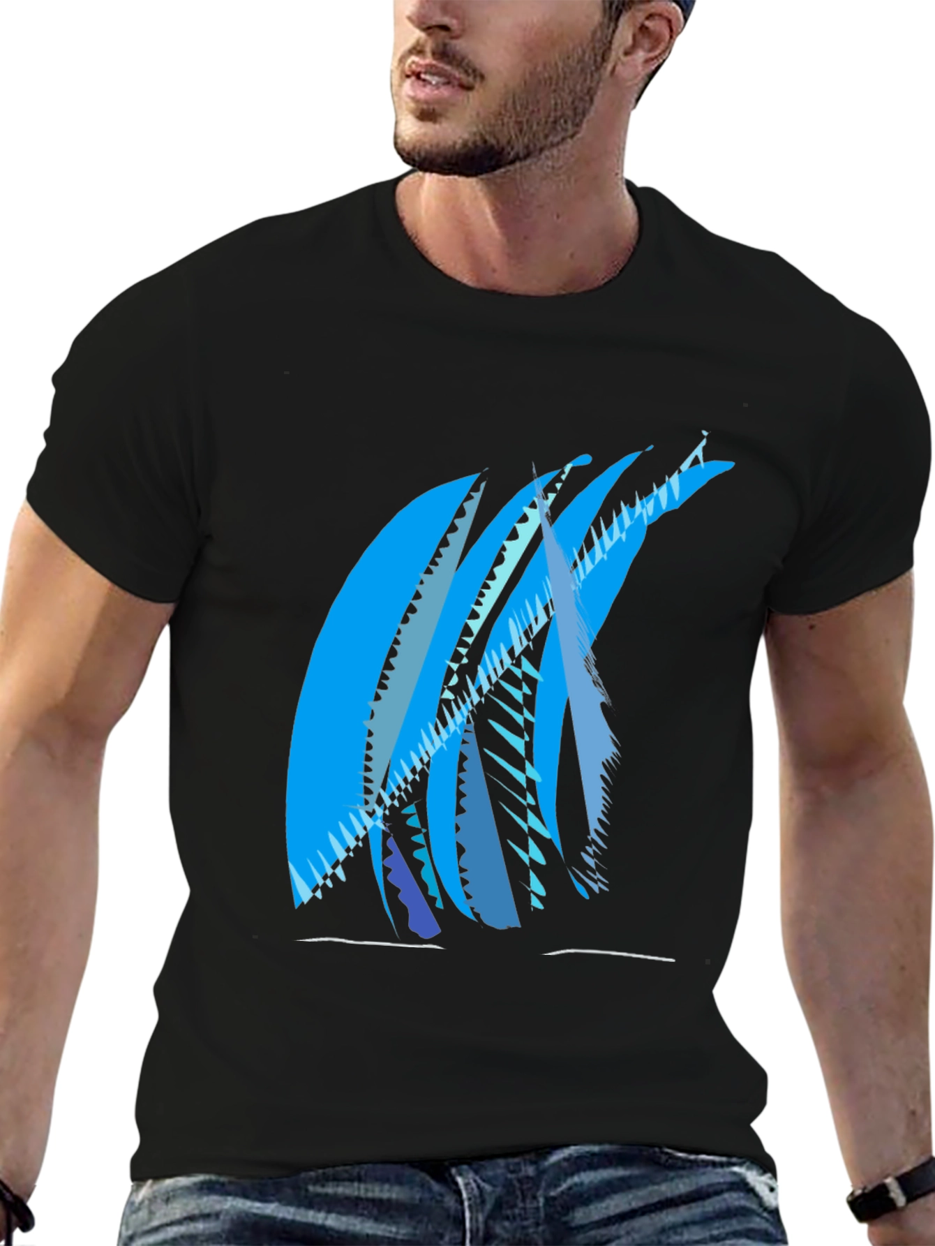 Abstract Blue Graphic Print Black T-Shirt