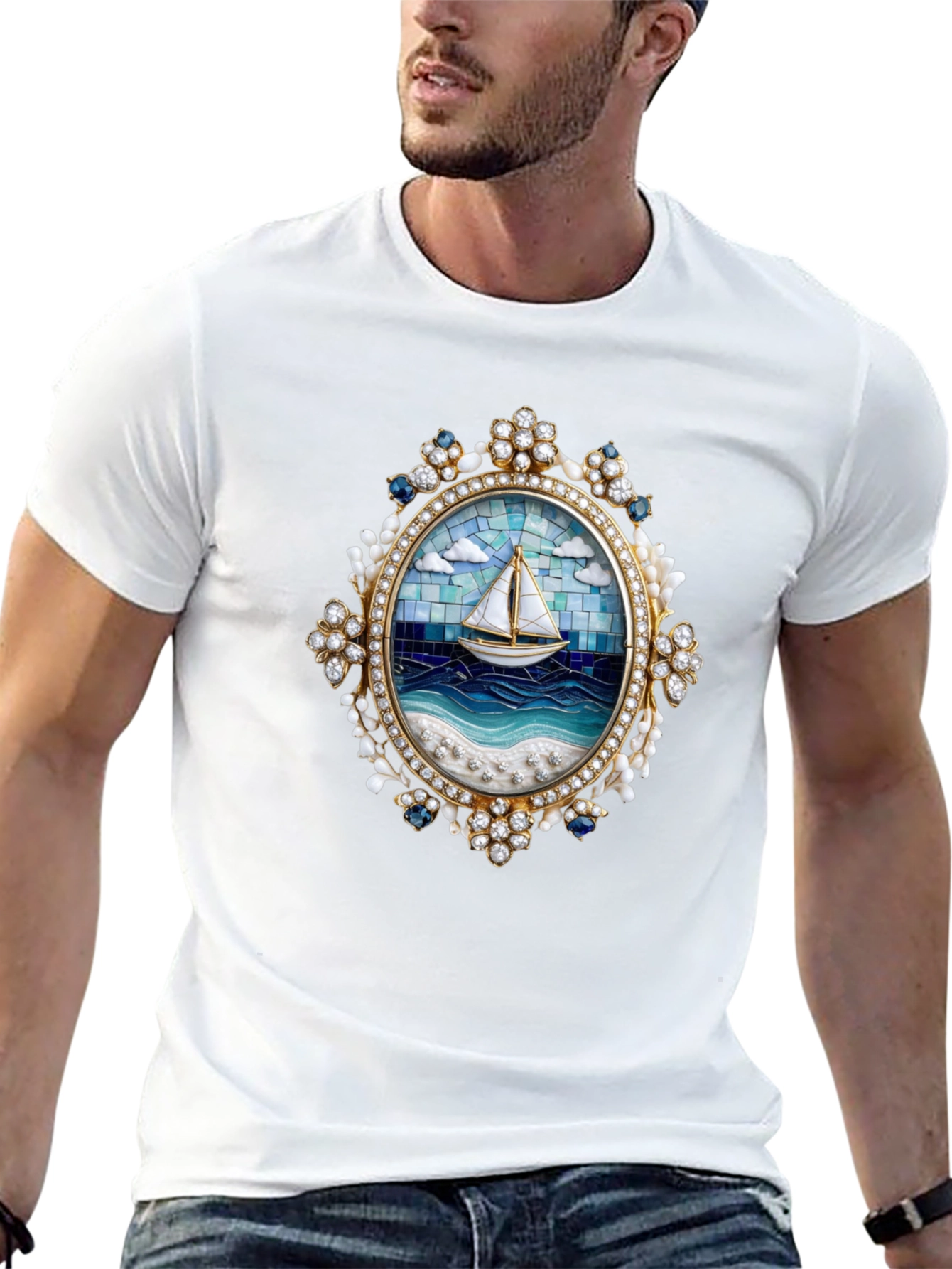 Sailboat Mosaic Graphic Tee - Nautical Art Shirt