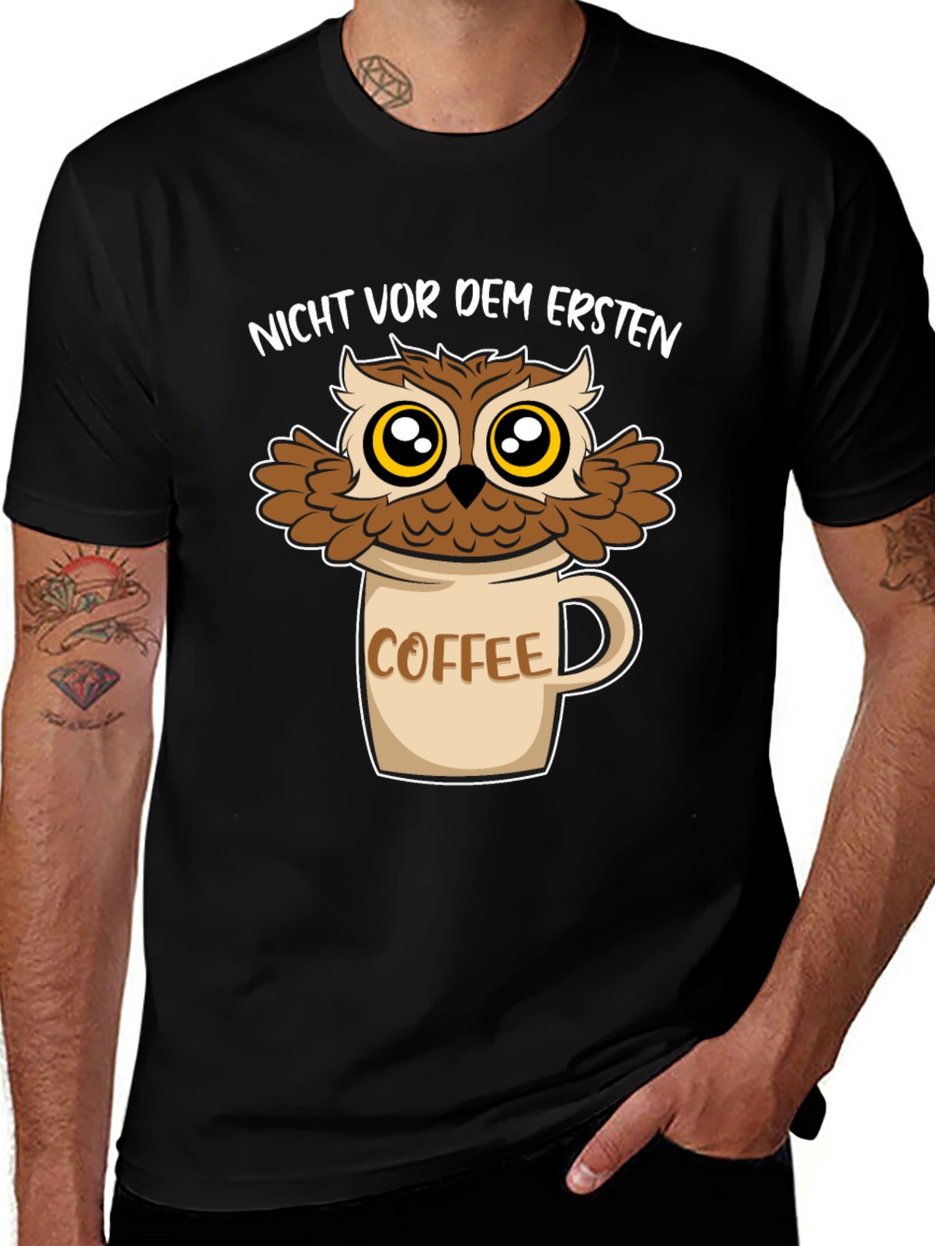 Owl Coffee Mug T-Shirt - Funny Graphic Tee