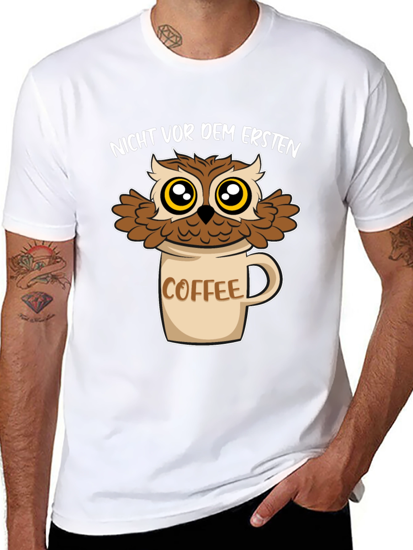 Owl Coffee Mug T-Shirt - Funny Graphic Tee