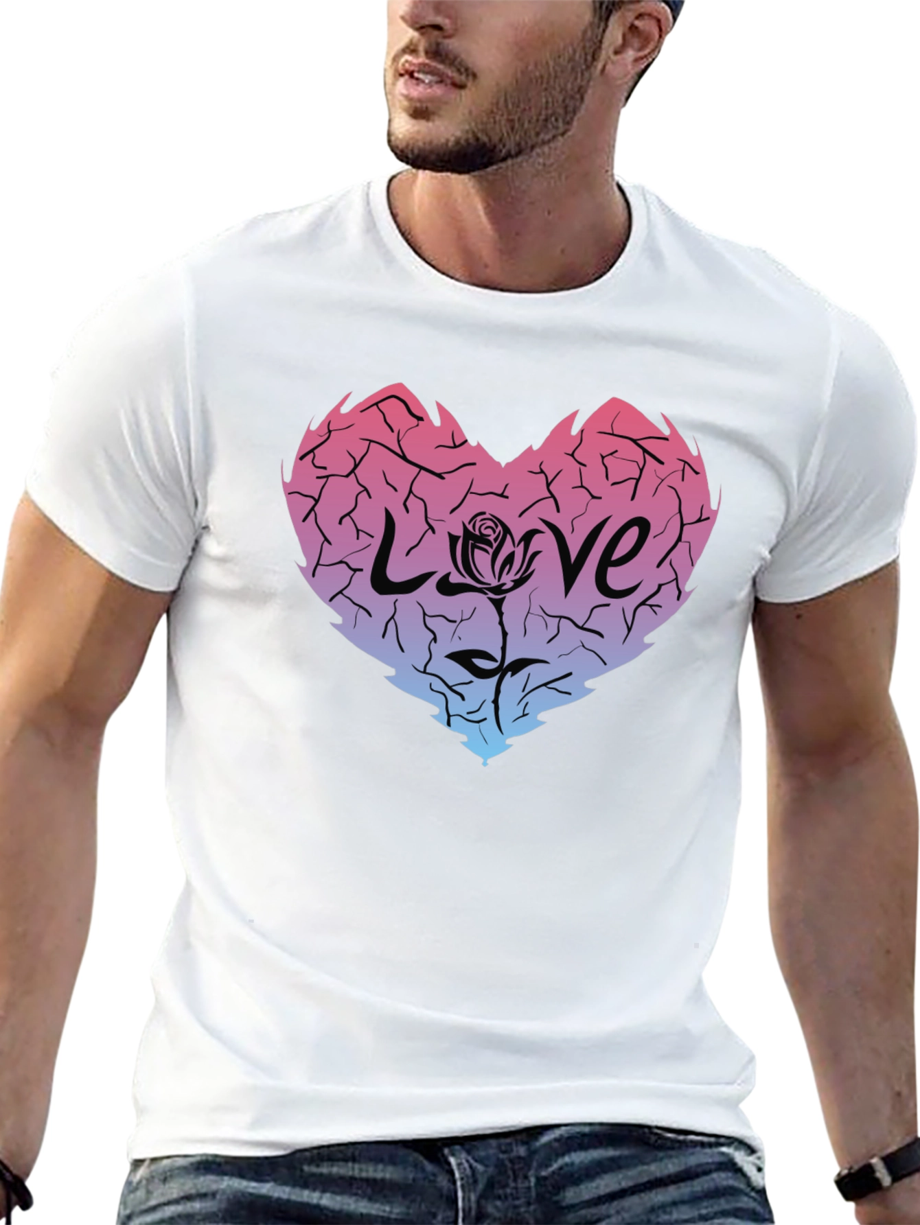 Cracked Heart Love Rose Graphic Tee - Black
