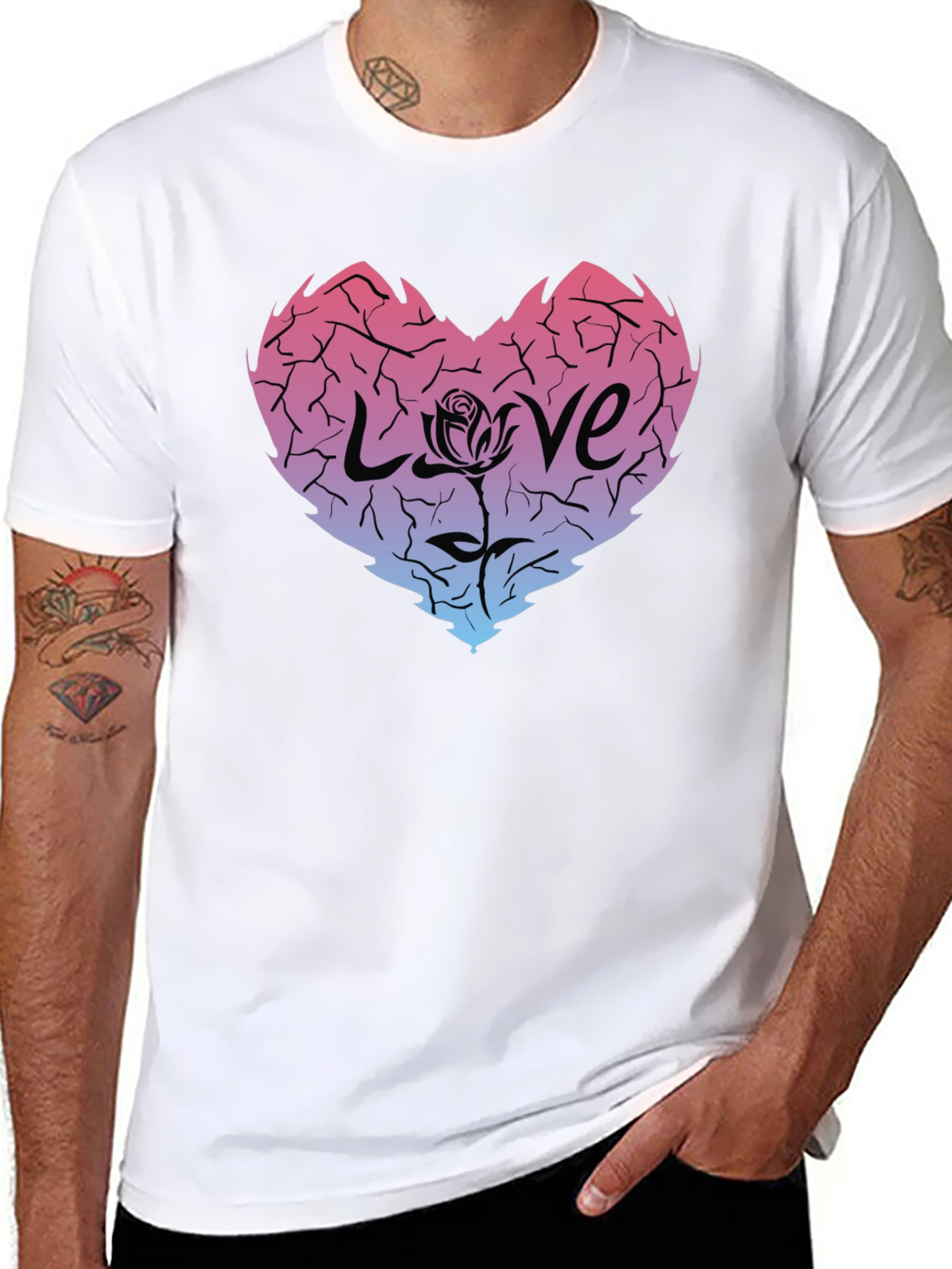 Cracked Heart Love Rose Graphic Tee - Black